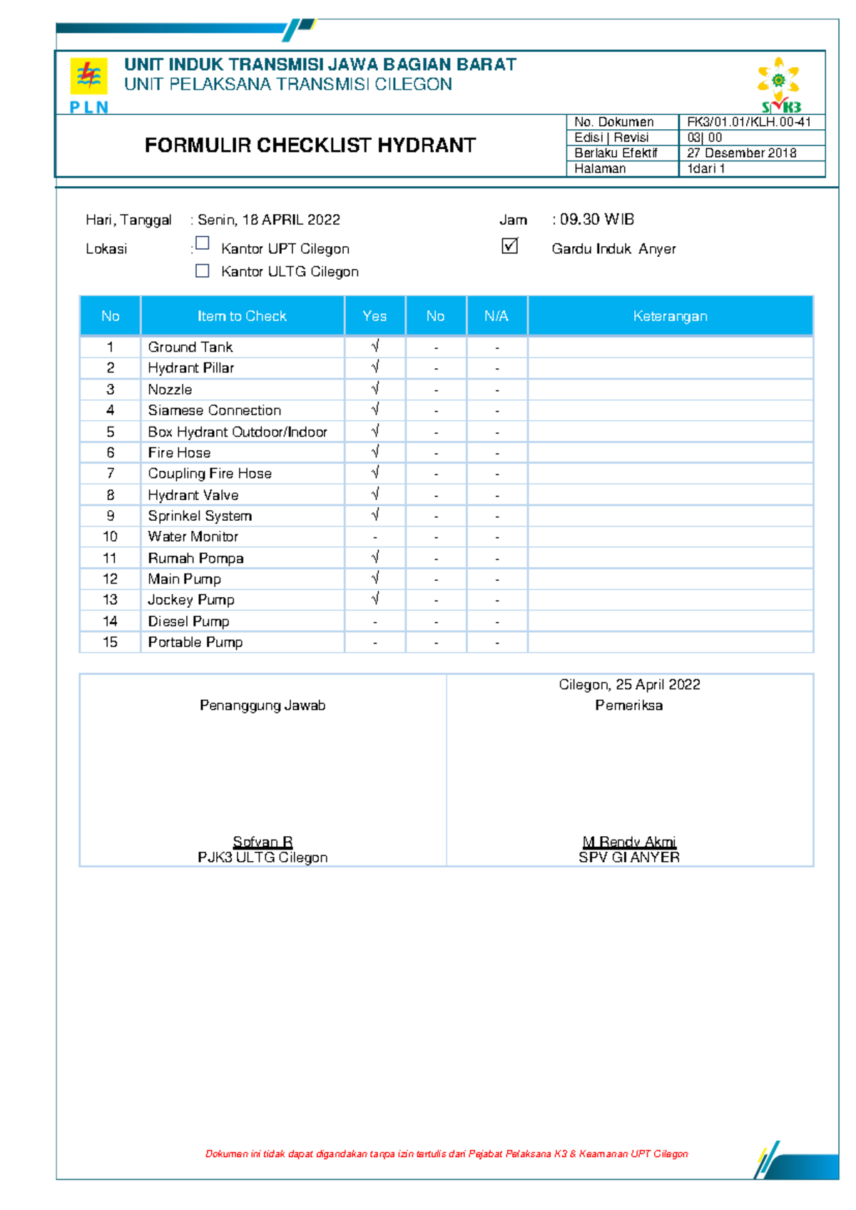 Formulir Checklist Hydrant - UPT Cilegon K3 & Keamanan - Studocu