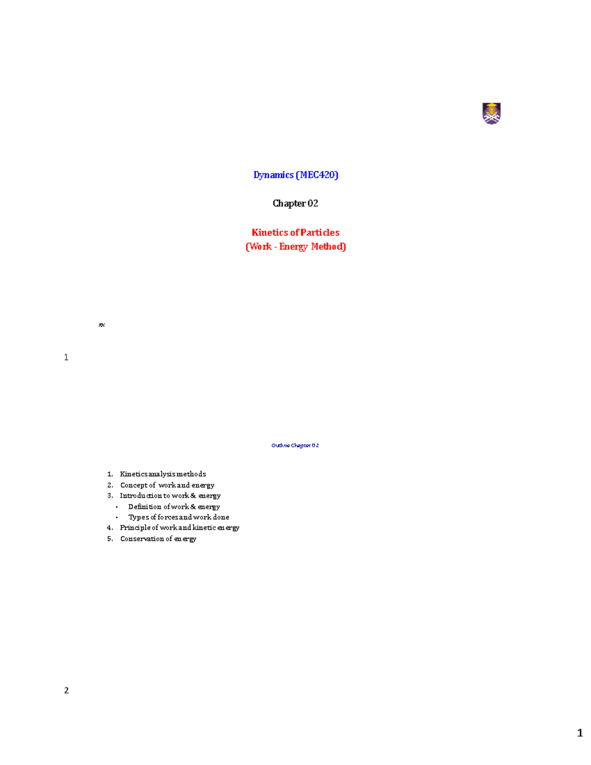 Dynamics (MEC420) Chapter 02: Kinetics of Particles - Work Energy ...
