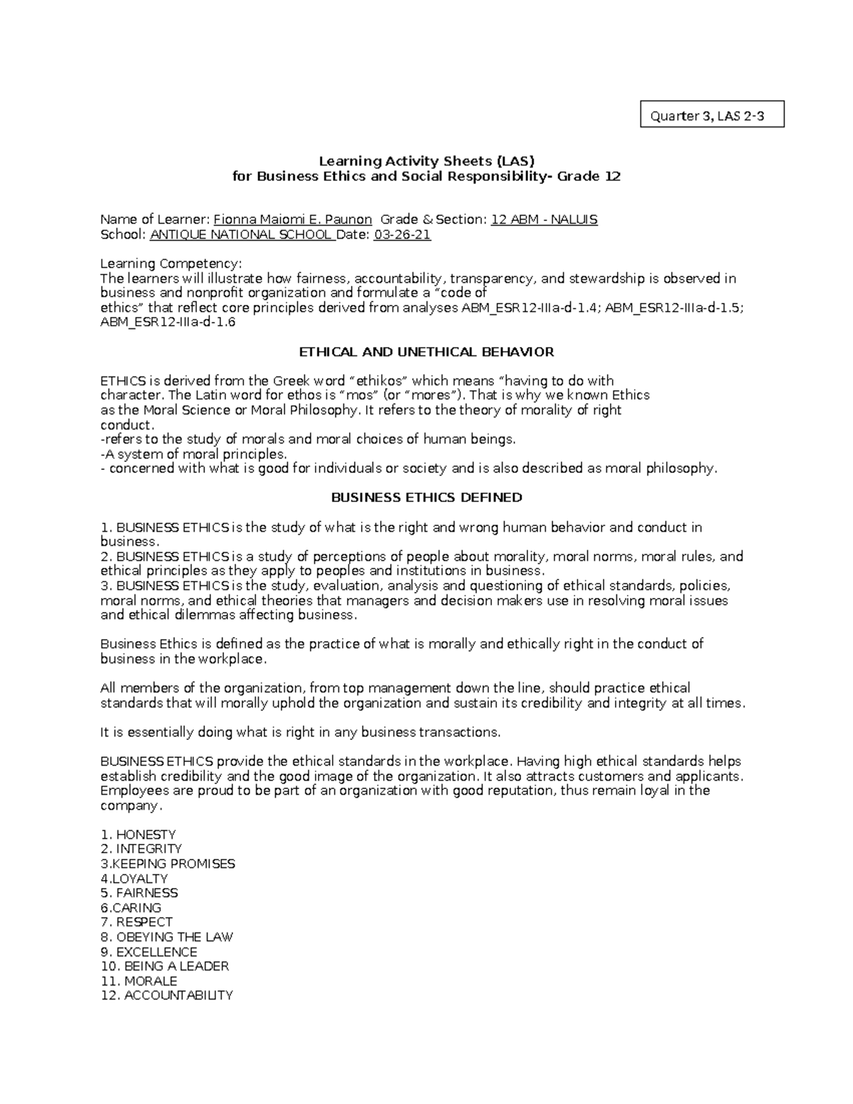 BESR 2-3: Quarter 3 LAS on Business Ethics & Social Responsibility ...