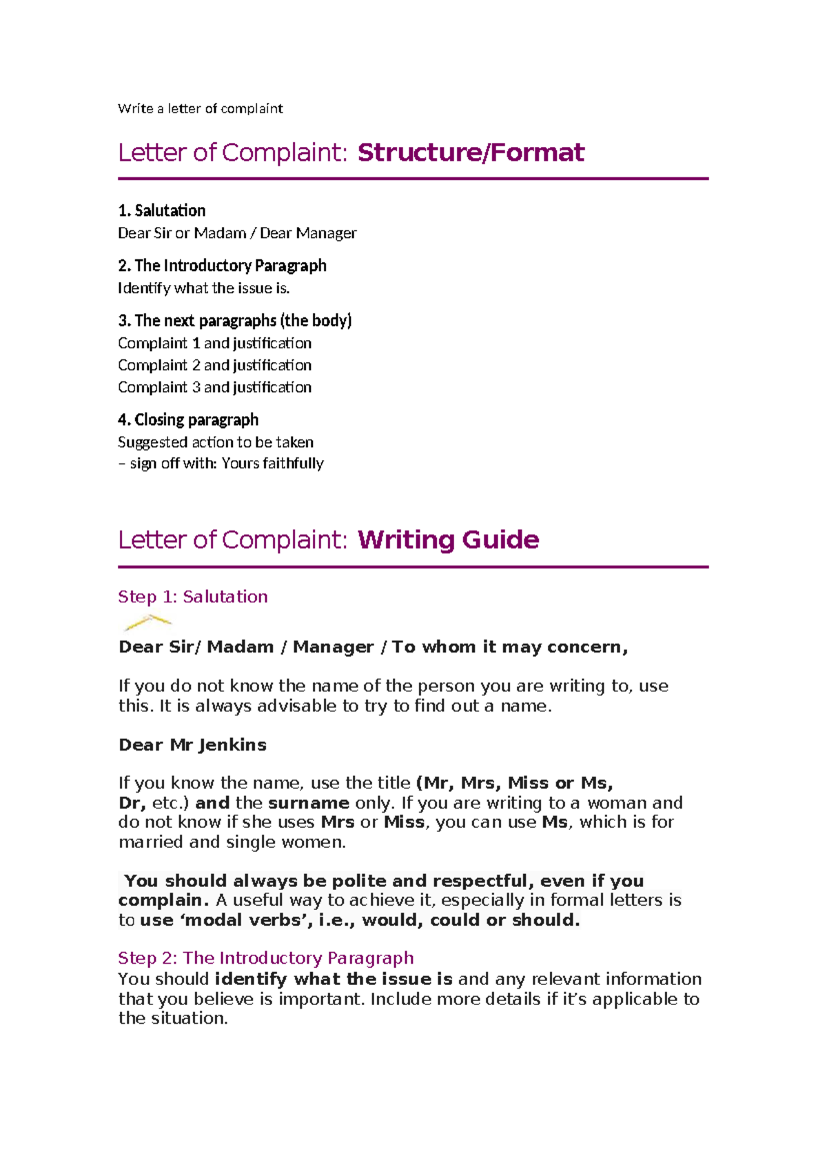 Write a letter of complaint - Write a letter of complaint Letter of ...