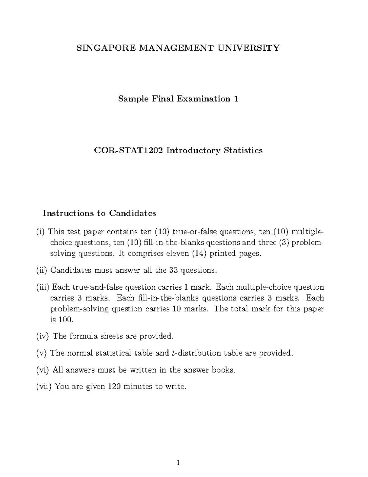 SMU STATS101 Sample Final Exam 1: Introductory Statistics - Studocu