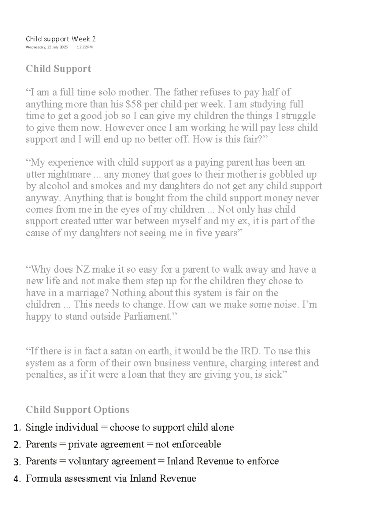Child Support (Week 2) - Lecture Notes Summary - Studocu