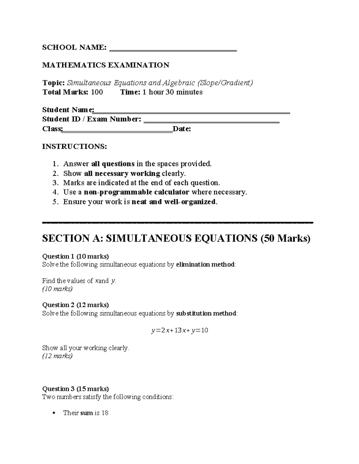 Mathematics Examination: Simultaneous Equations & Algebraic Concepts ...