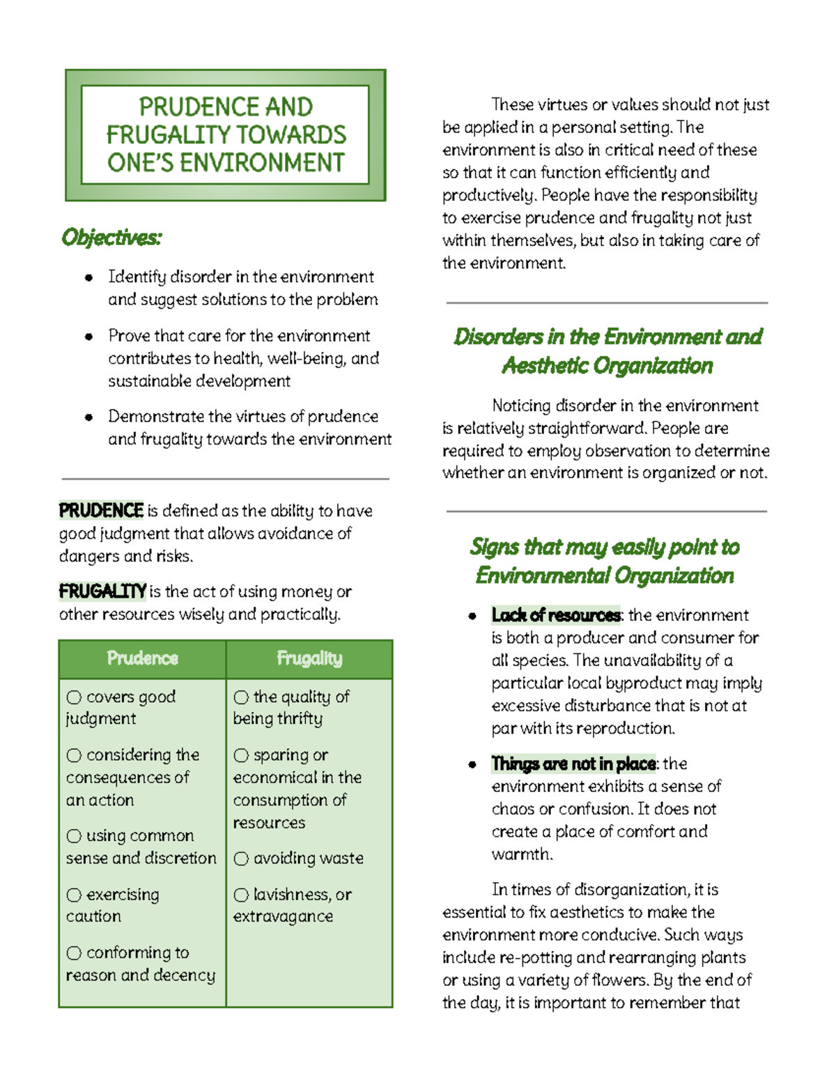 Prudence and Frugality notes - Objectives: Identify disorder in the ...