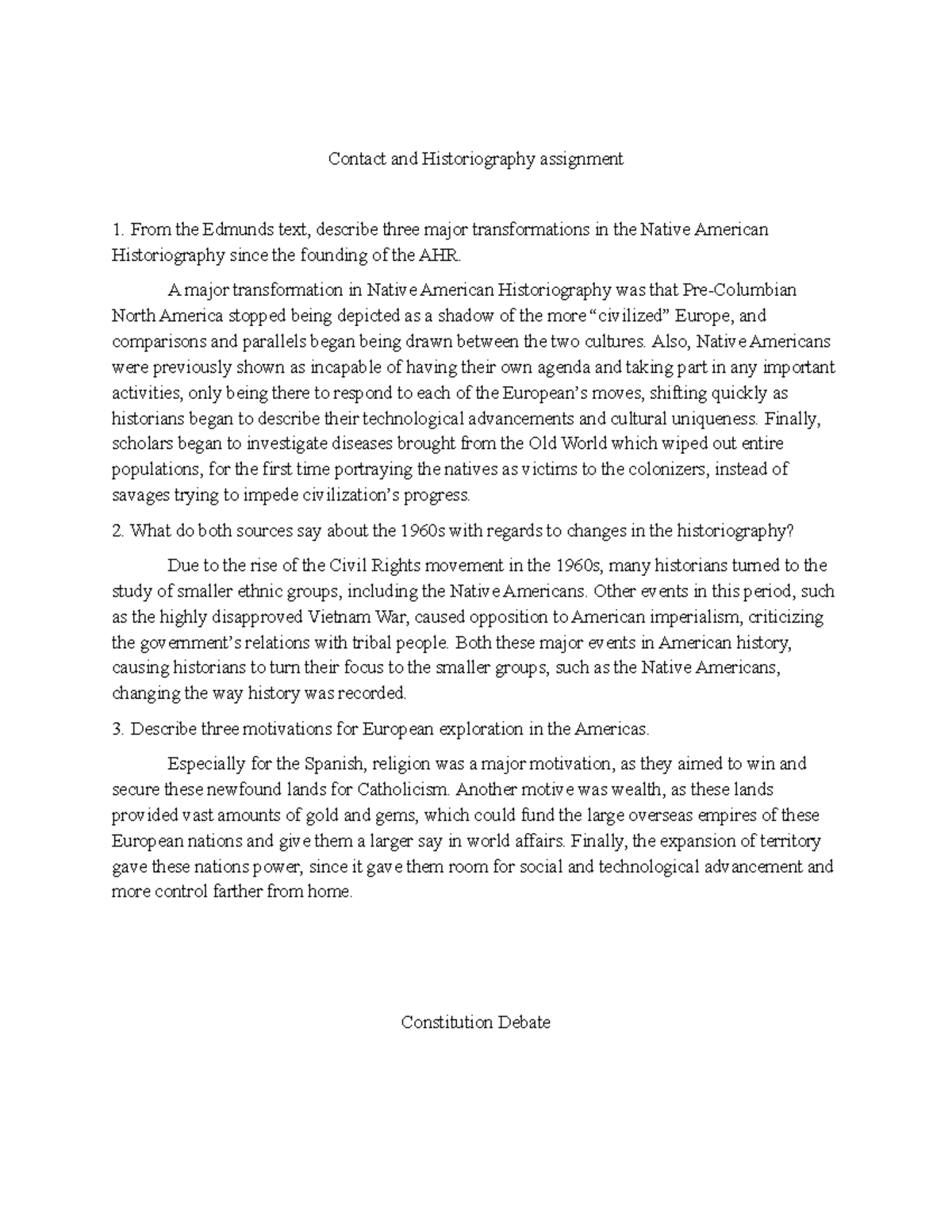 Contact and Historiography assignment - A major transformation in ...