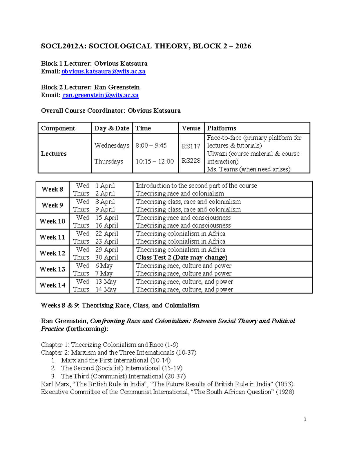 SOCL2012A: Course Outline for Sociological Theory Block 2 2026 - Studocu
