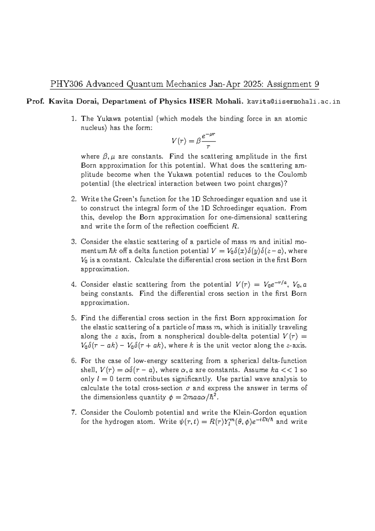 PHY306 Advanced Quantum Mechanics: Assignment 9 Solutions - Studocu