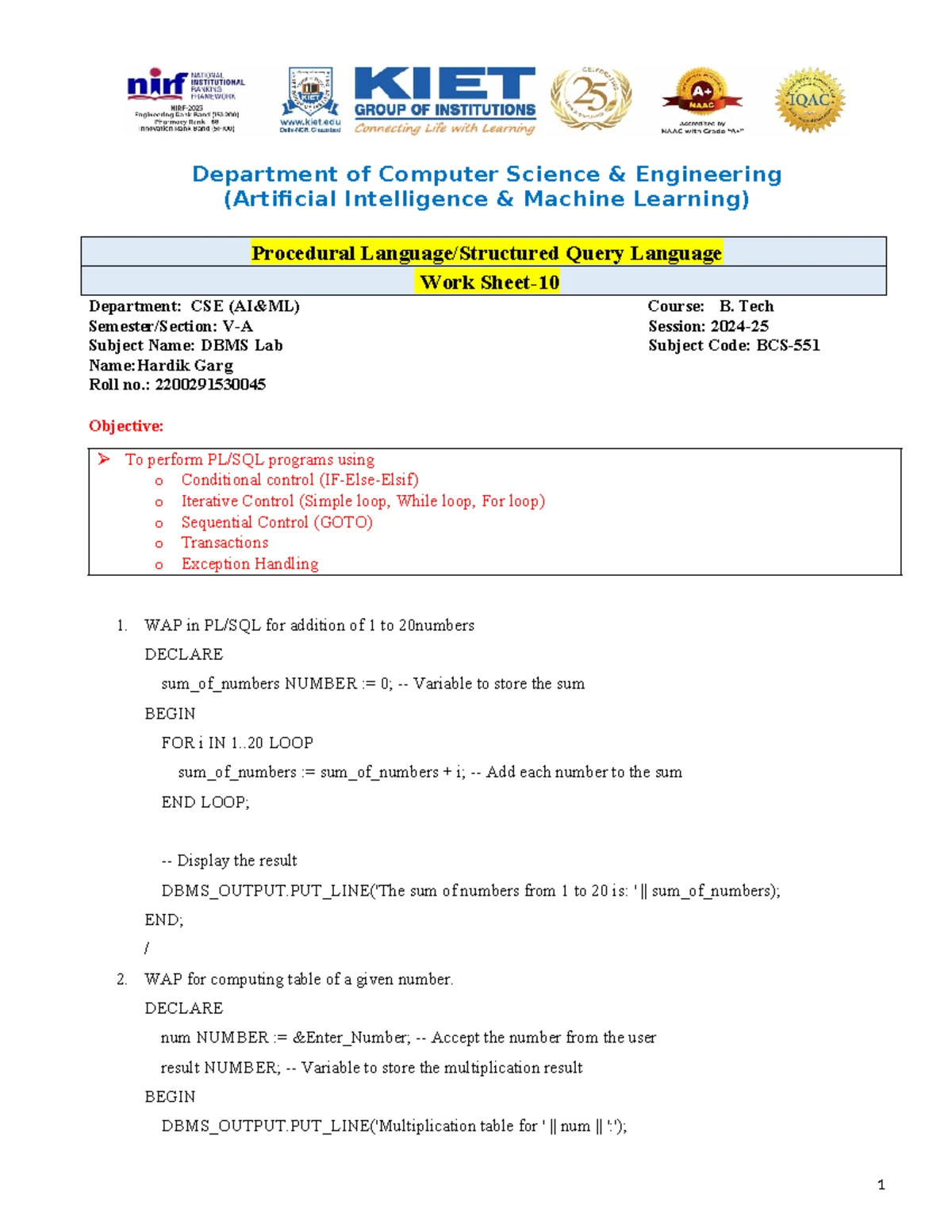 SQL Work Sheet-9 - lab - Department of Computer Science & Engineering ...