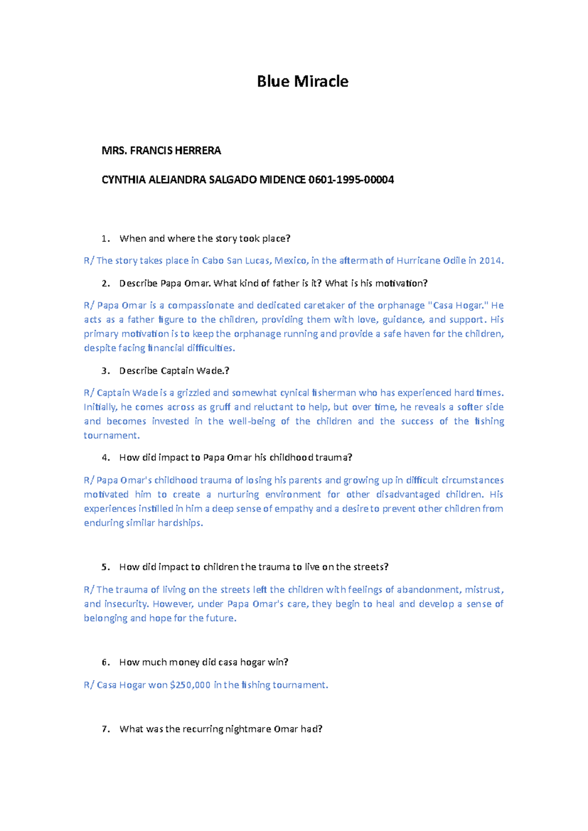 Blue Miracle Study Guide & Q&A (Course Code: 0601) - Studocu