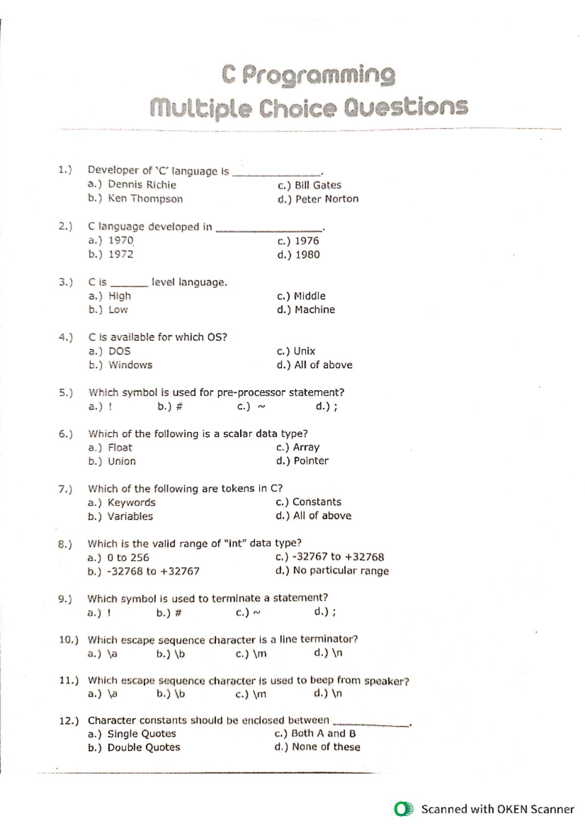 C programming - Sem 1 - C Programming Multiple Choice Questions 1 ...