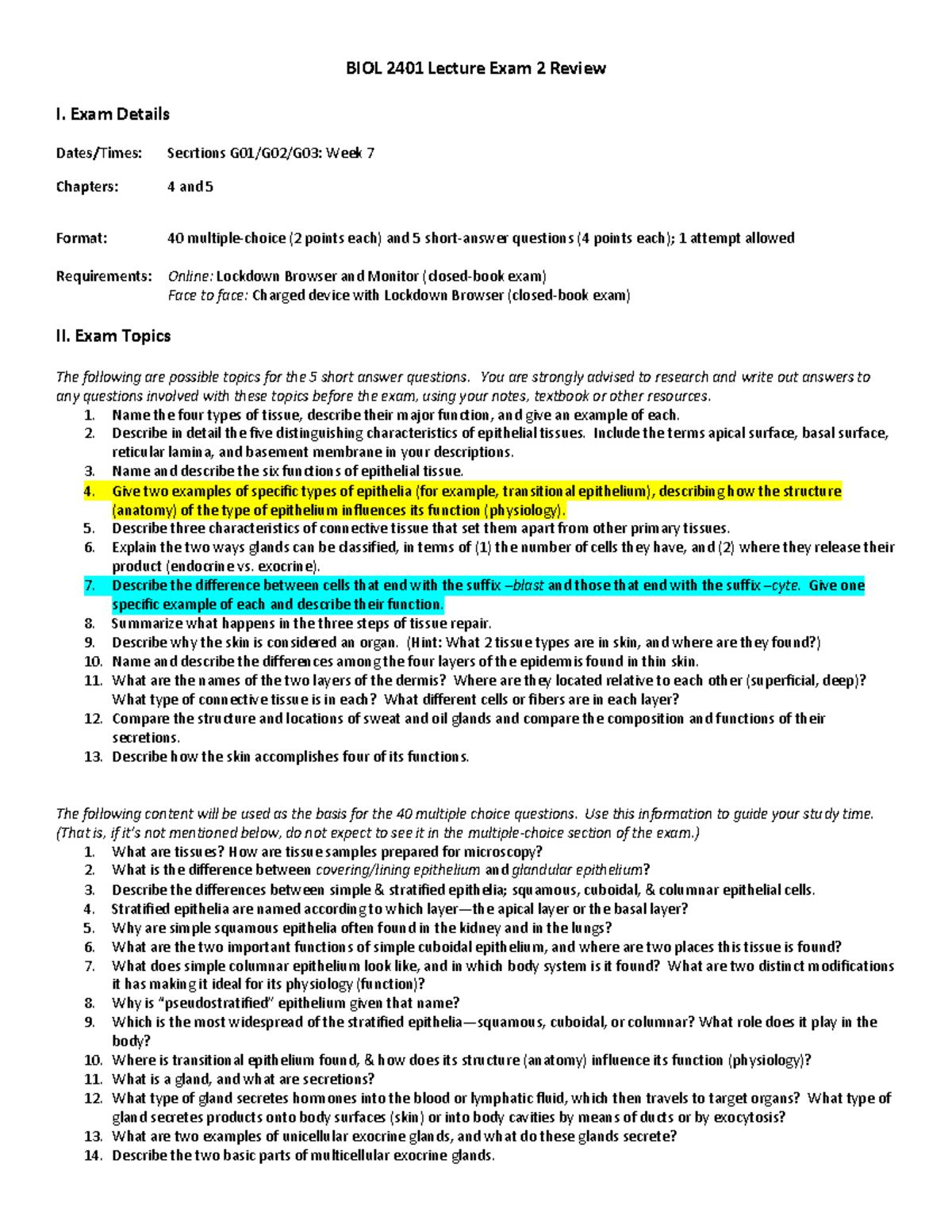 BIOL 2401 Lecture Exam 2 Comprehensive Review Guide - Studocu