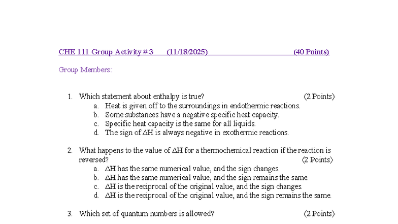 CHE Group Activity 3: Enthalpy & Quantum Numbers Analysis - Studocu