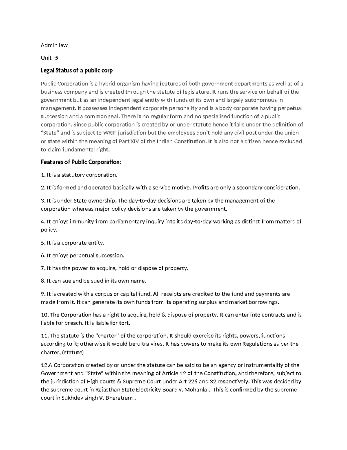 Admin Law Unit-5: Legal Status of Public Corporations - Studocu