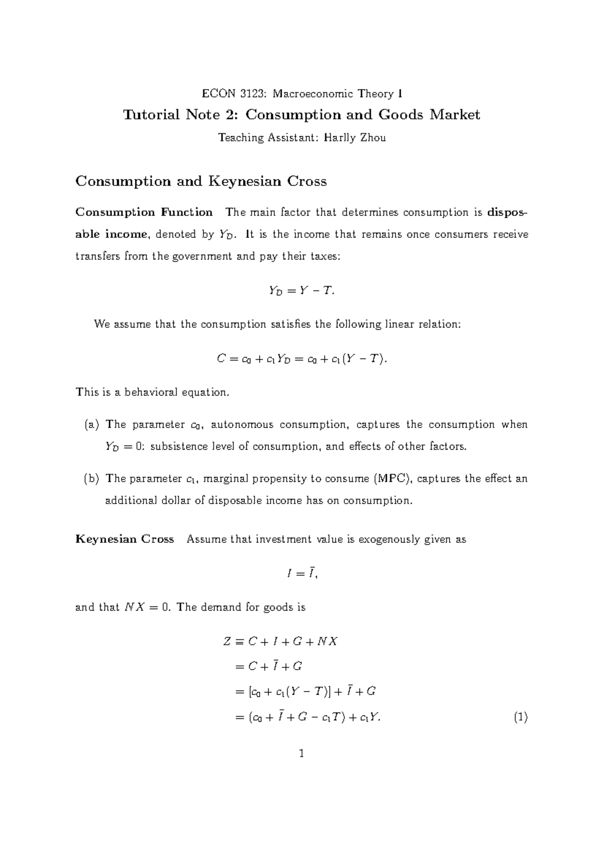 ECON 3123: Macroeconomic Theory I Tutorial Note 2 - Consumption & Goods ...