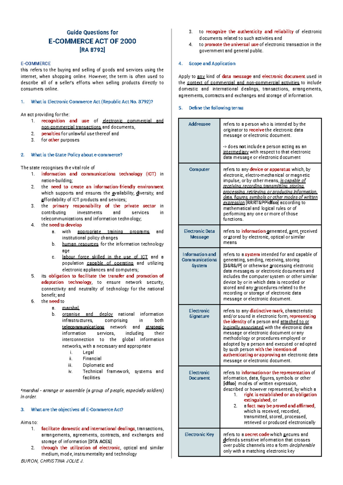 Guide Questions for AEC 101 - E-Commerce Act and Its Applications - Studocu