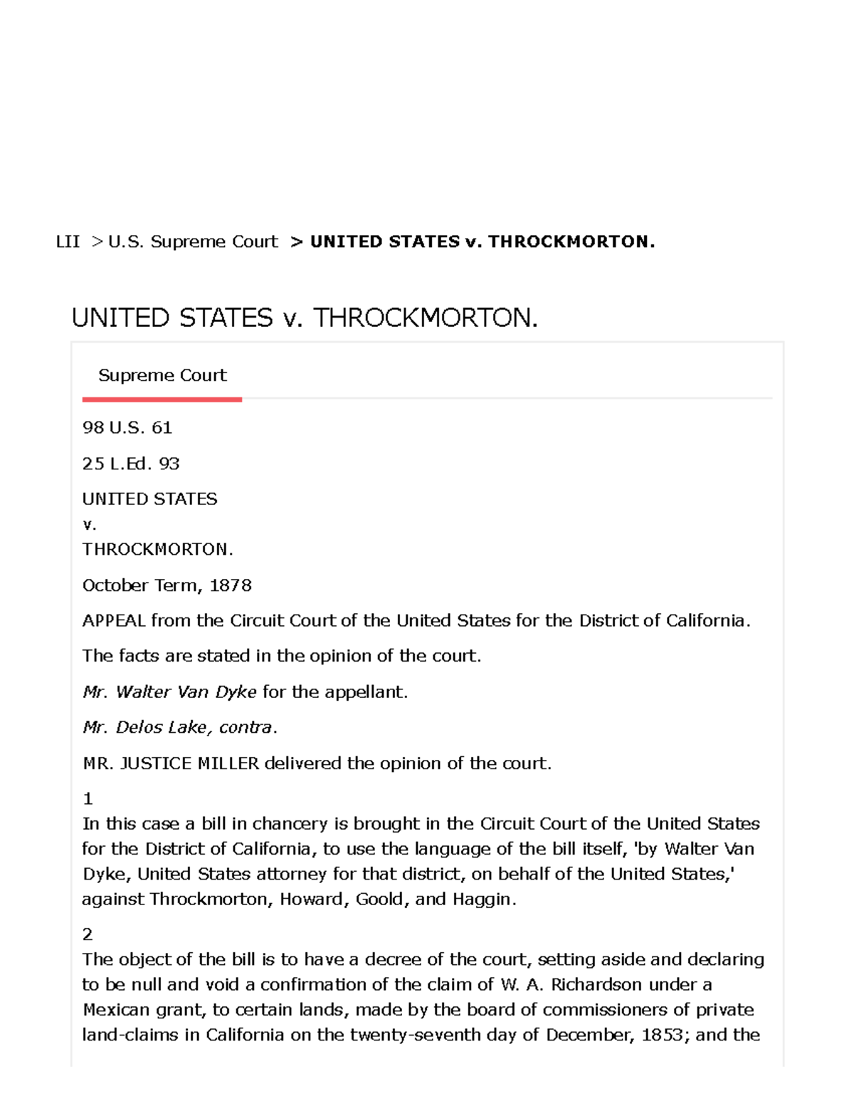 LII U.S. Supreme Court Case Analysis: United States v. Throckmorton ...