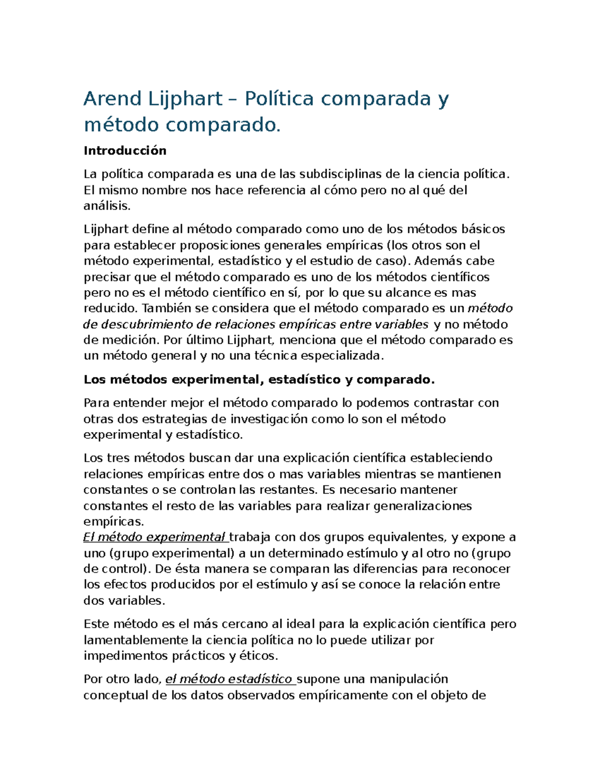 Resumen Clase 2: Método Comparado en Política de Lijphart - Studocu