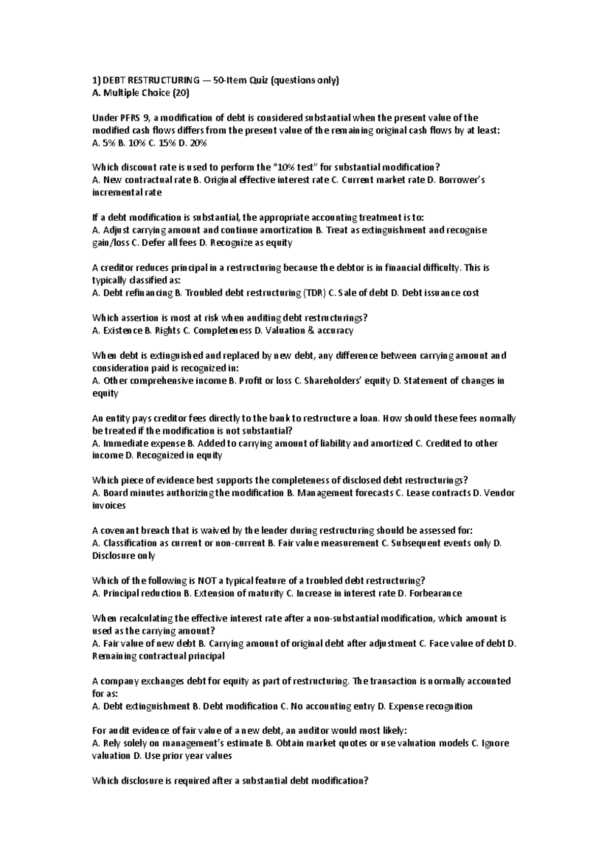 DEBT RESTRUCTURING Quiz Questions & Answers (AUD 101) - Studocu