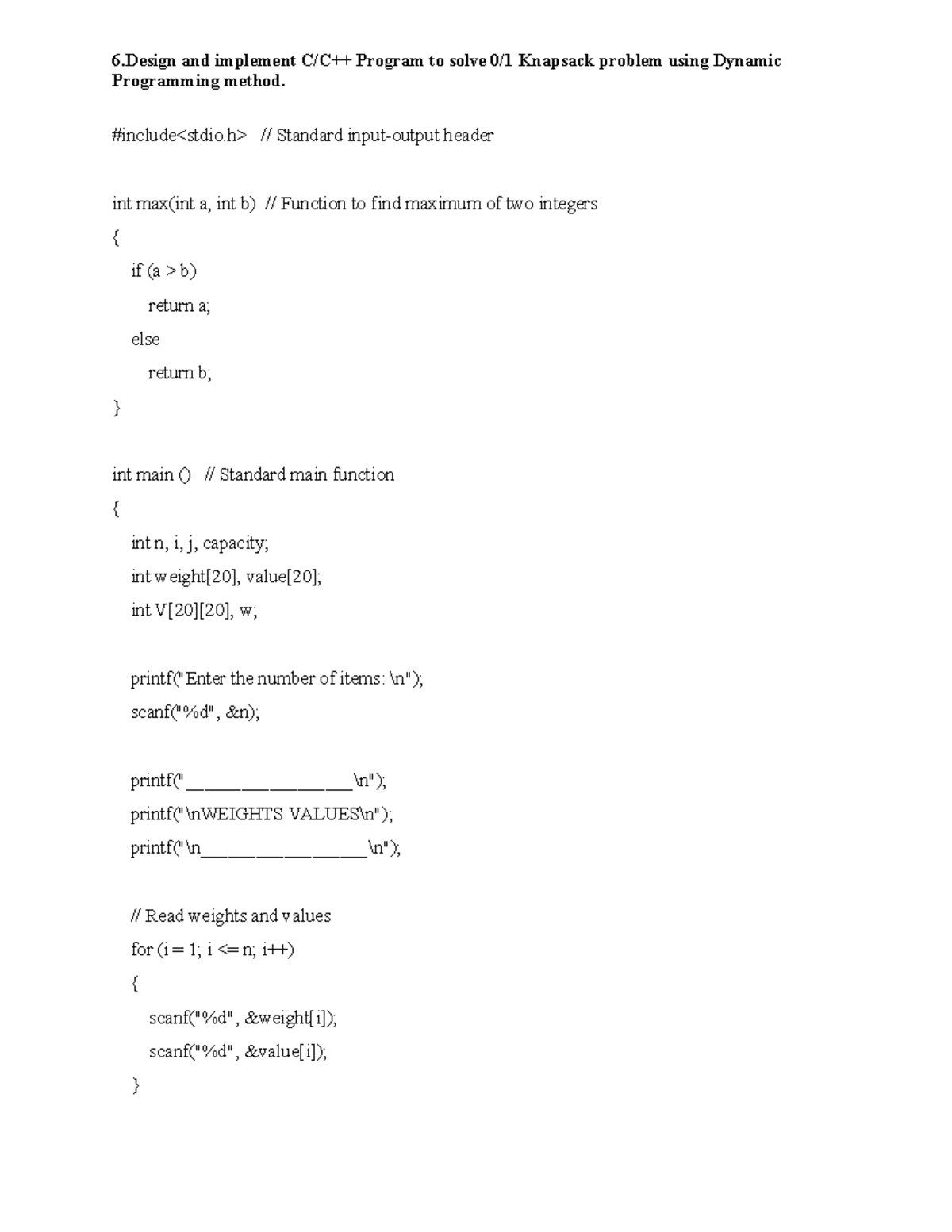 CS101: Knapsack Problem Solution Using Dynamic Programming - Studocu