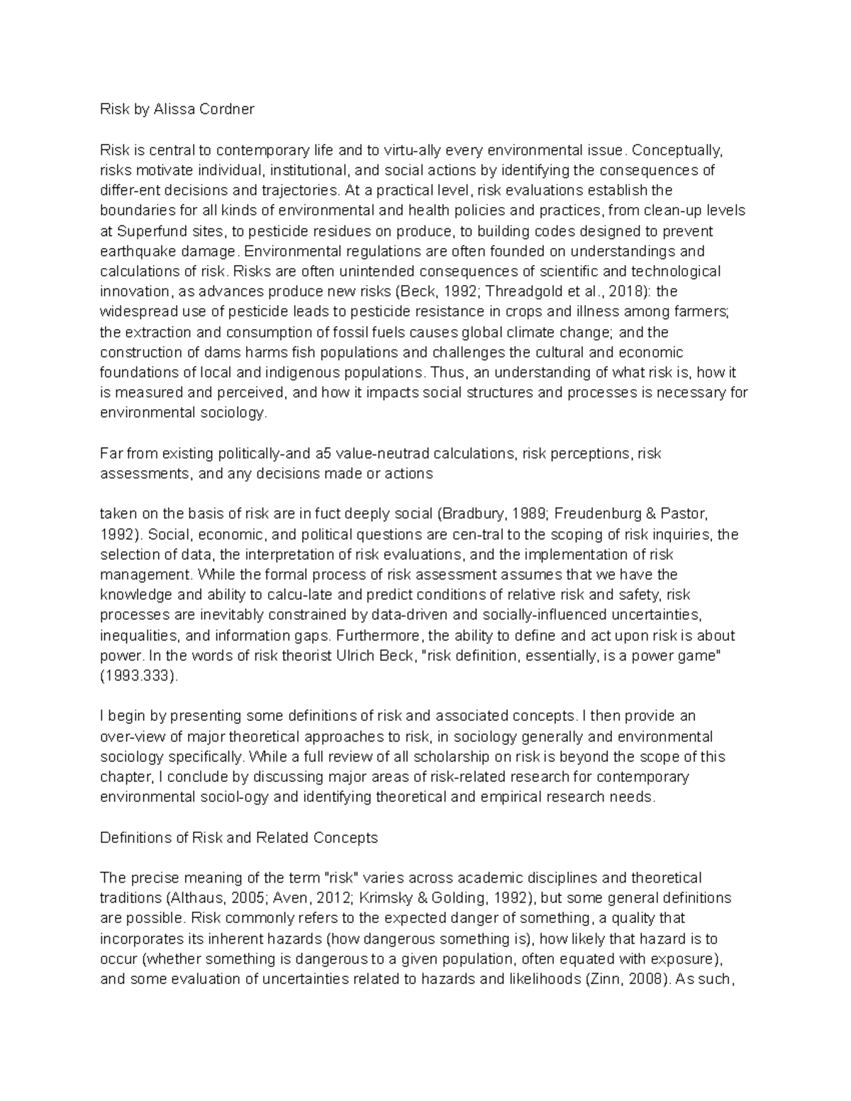 ENVS 301: Understanding Risk in Environmental Sociology - Key Concepts ...