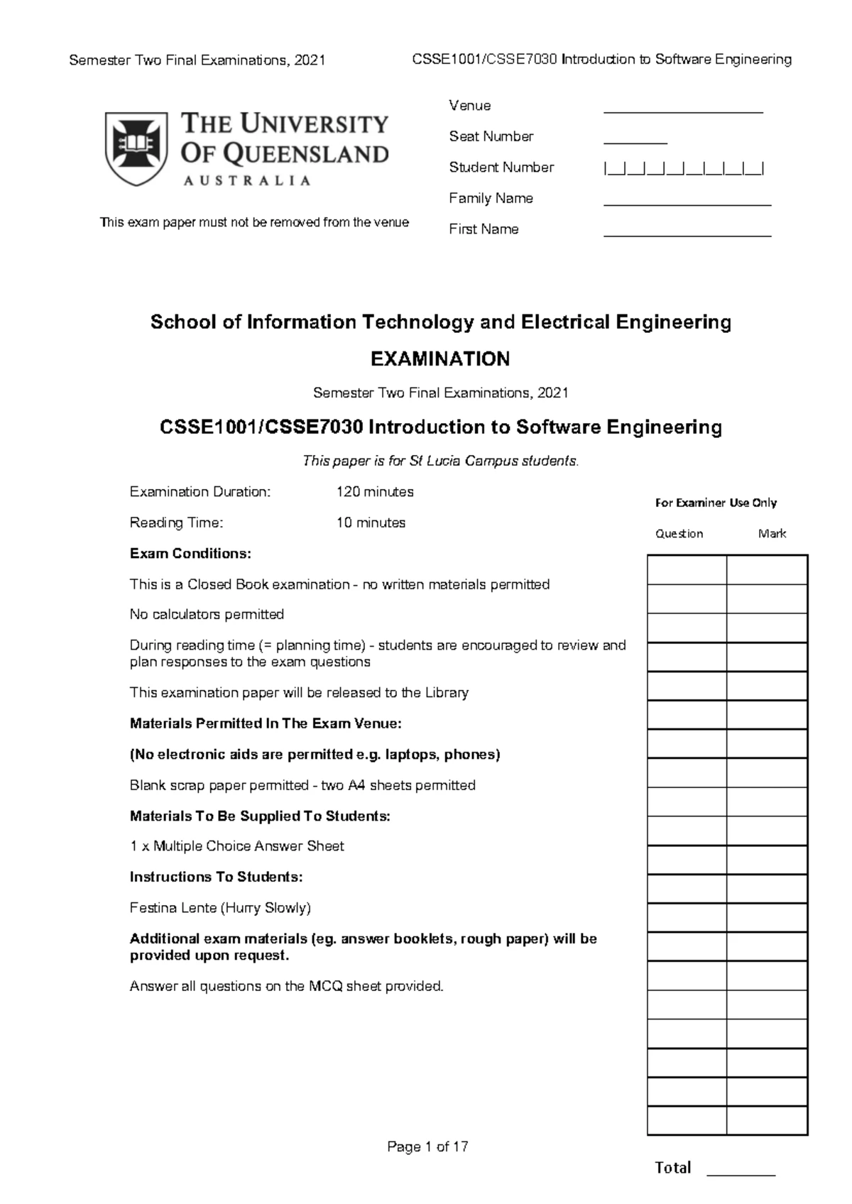 Semester 1 Final Exam 2020: CSSE1001 Software Engineering Test Guide ...