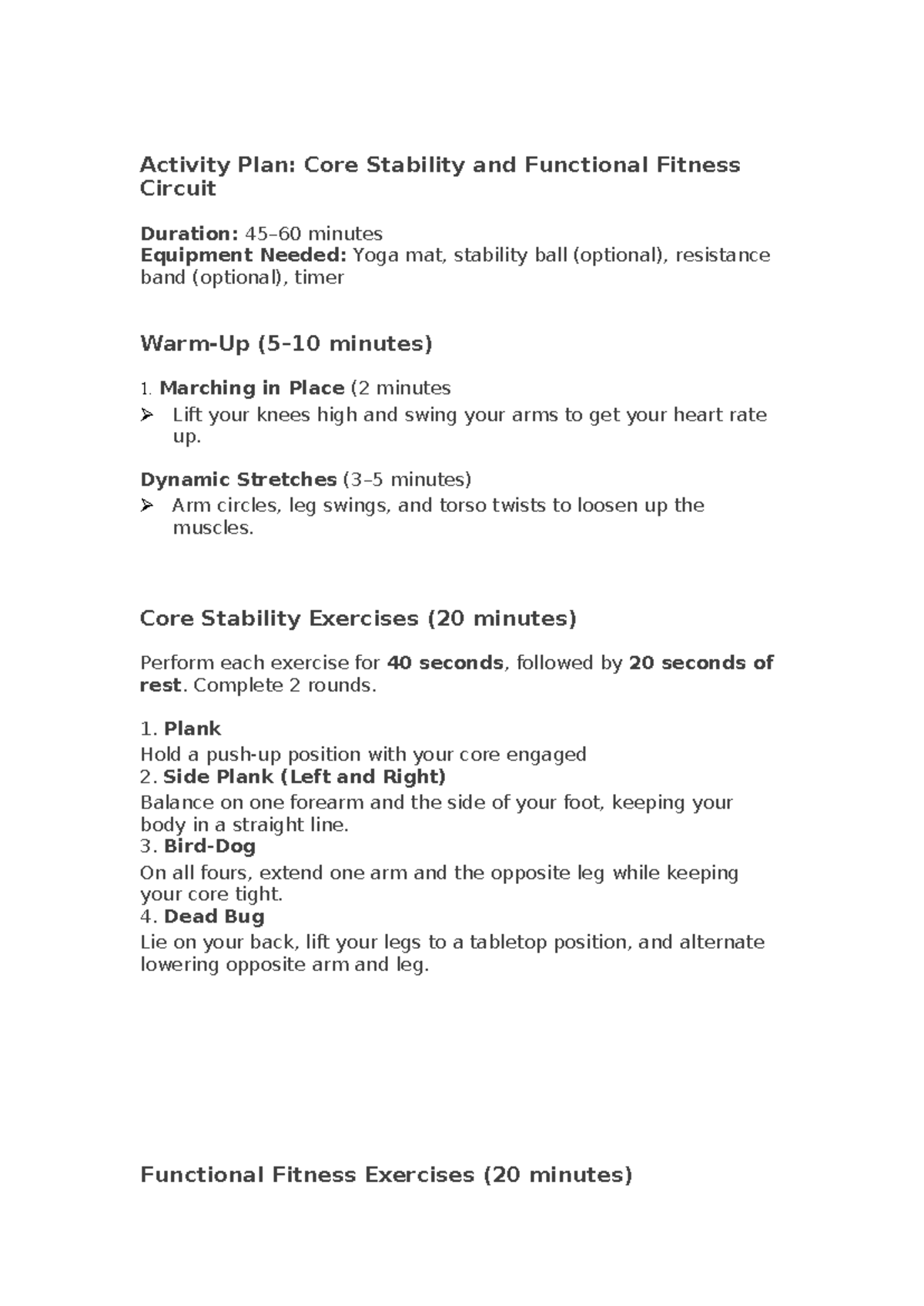 WEEK 6 Activity 5 - PATHFIT 4 - Activity Plan: Core Stability and ...
