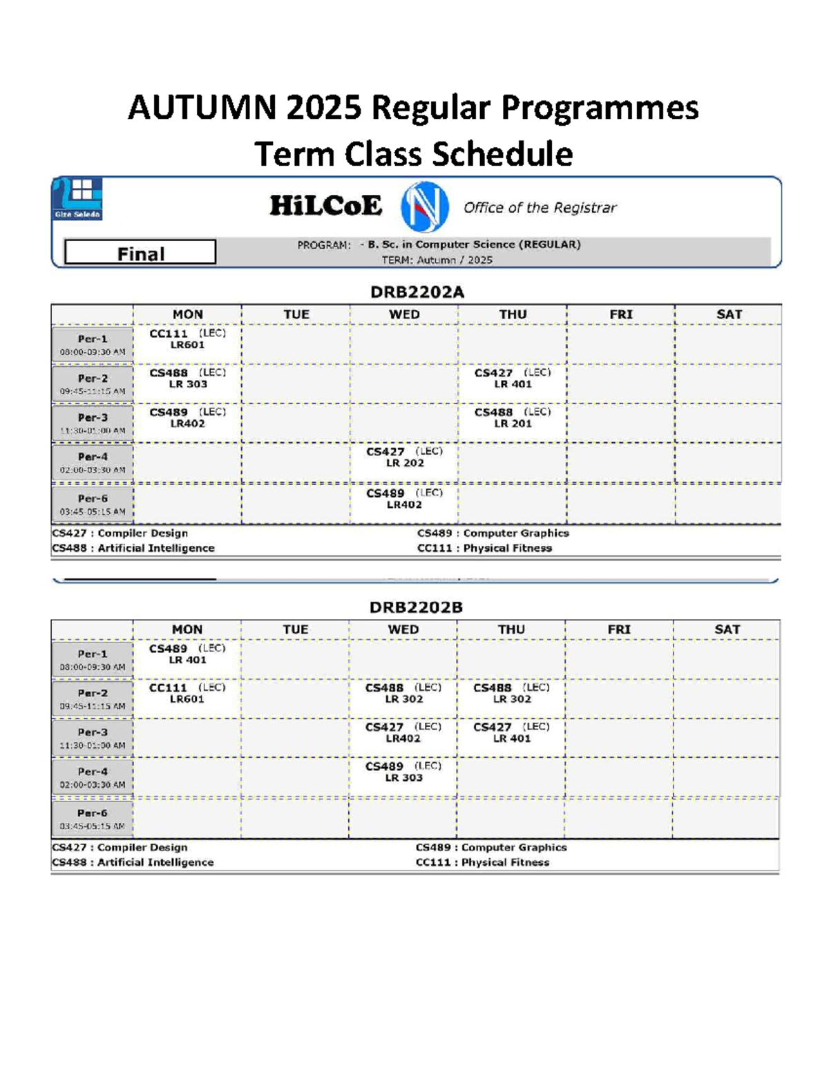 B.Sc. in Computer Science (REGULAR) Final Class Schedule - Autumn 2025 ...