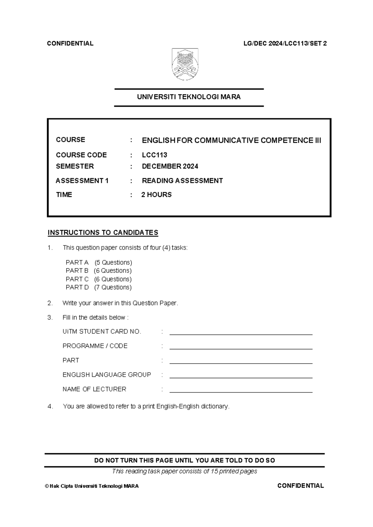 LCC113 English for Communicative Competence Reading Assessment 1 - Studocu