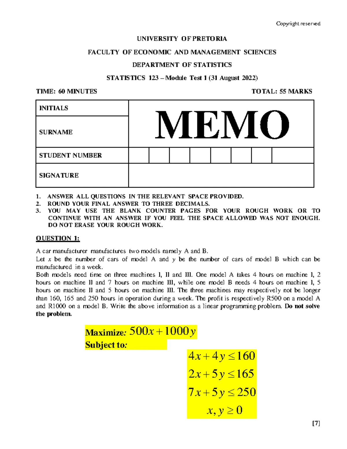 STK121 Practical 1 Memo - Matrix Multiplication with Excel MMULT - Studocu