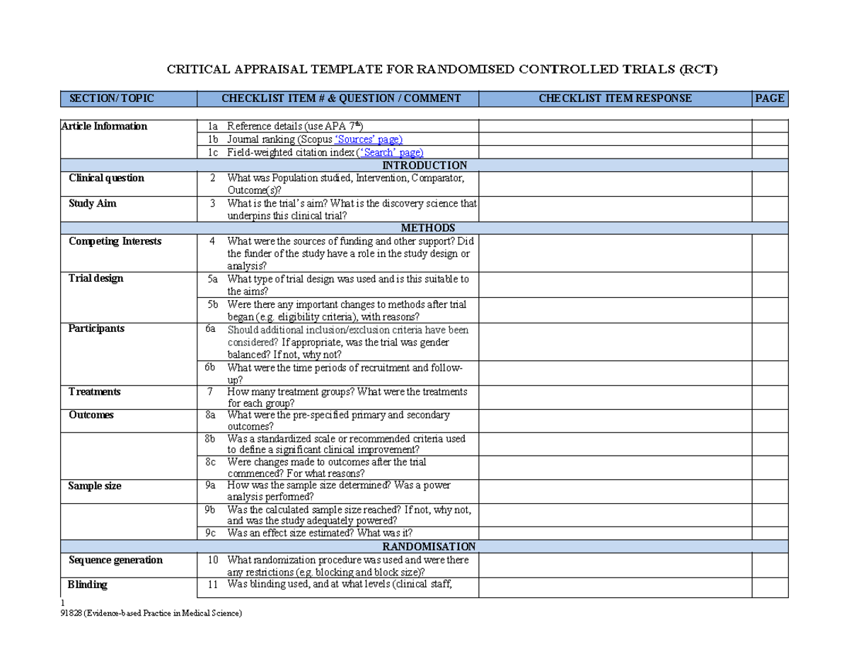 Critical Appraisal Template for RCT Analysis & Review - Studocu