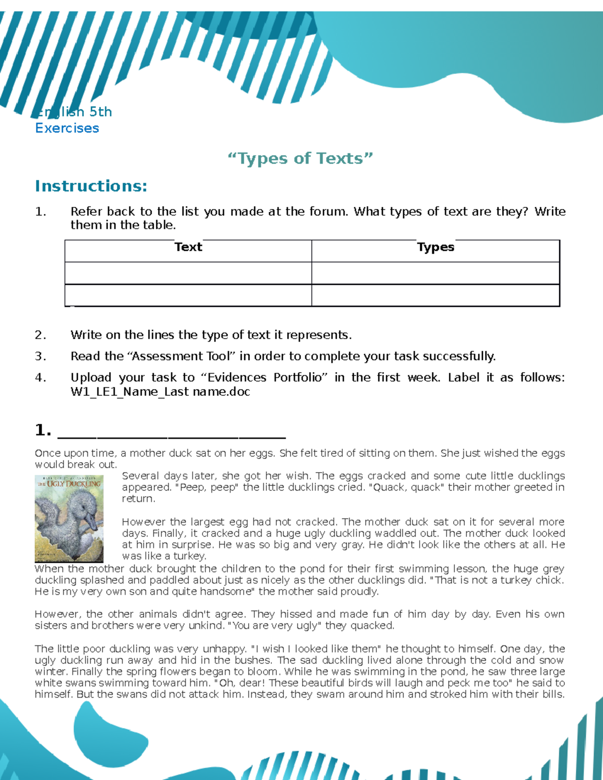 English 5th: Types of Texts Exercises and Assessment Tool - Studocu