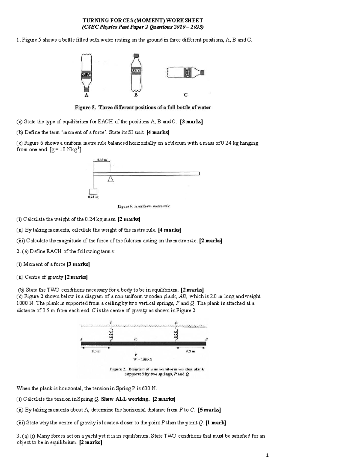 Turning Forces (Moment) Worksheet (CSEC Physics Past Paper 2010-2025 ...