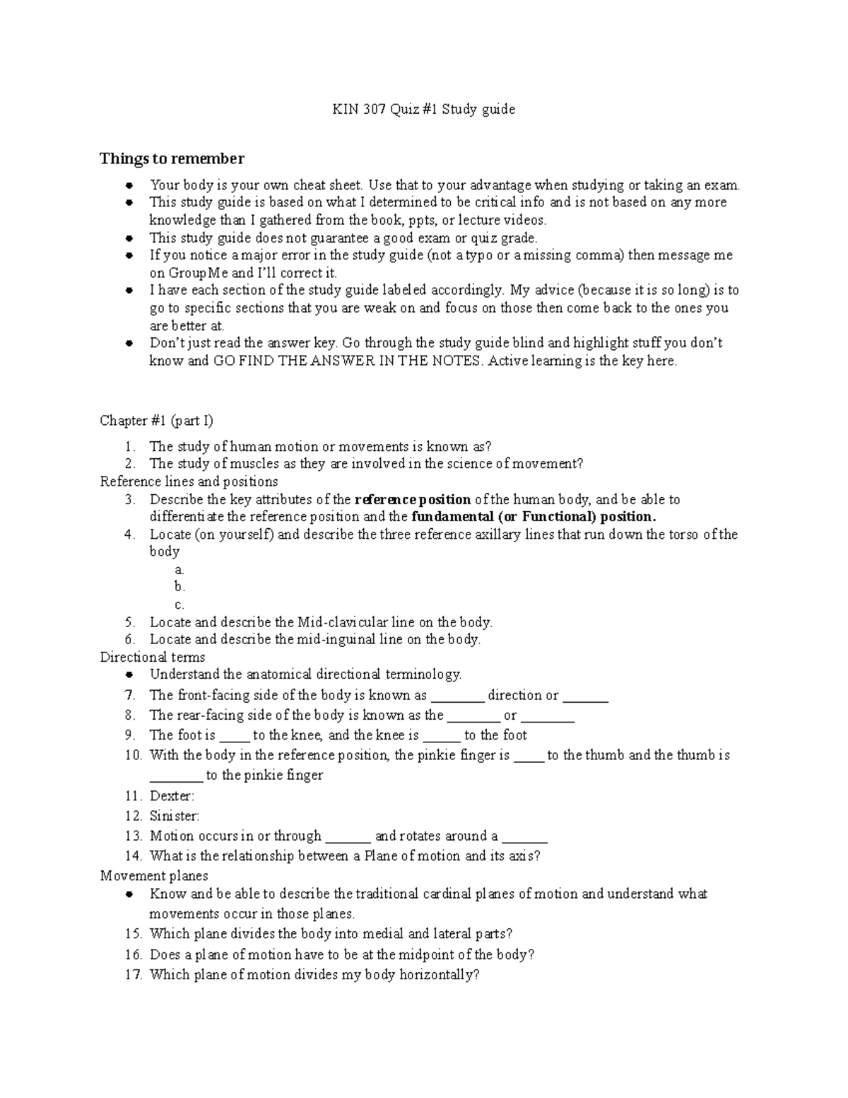 KIN 307 Quiz #1 Comprehensive Study Guide and Key Concepts - Studocu