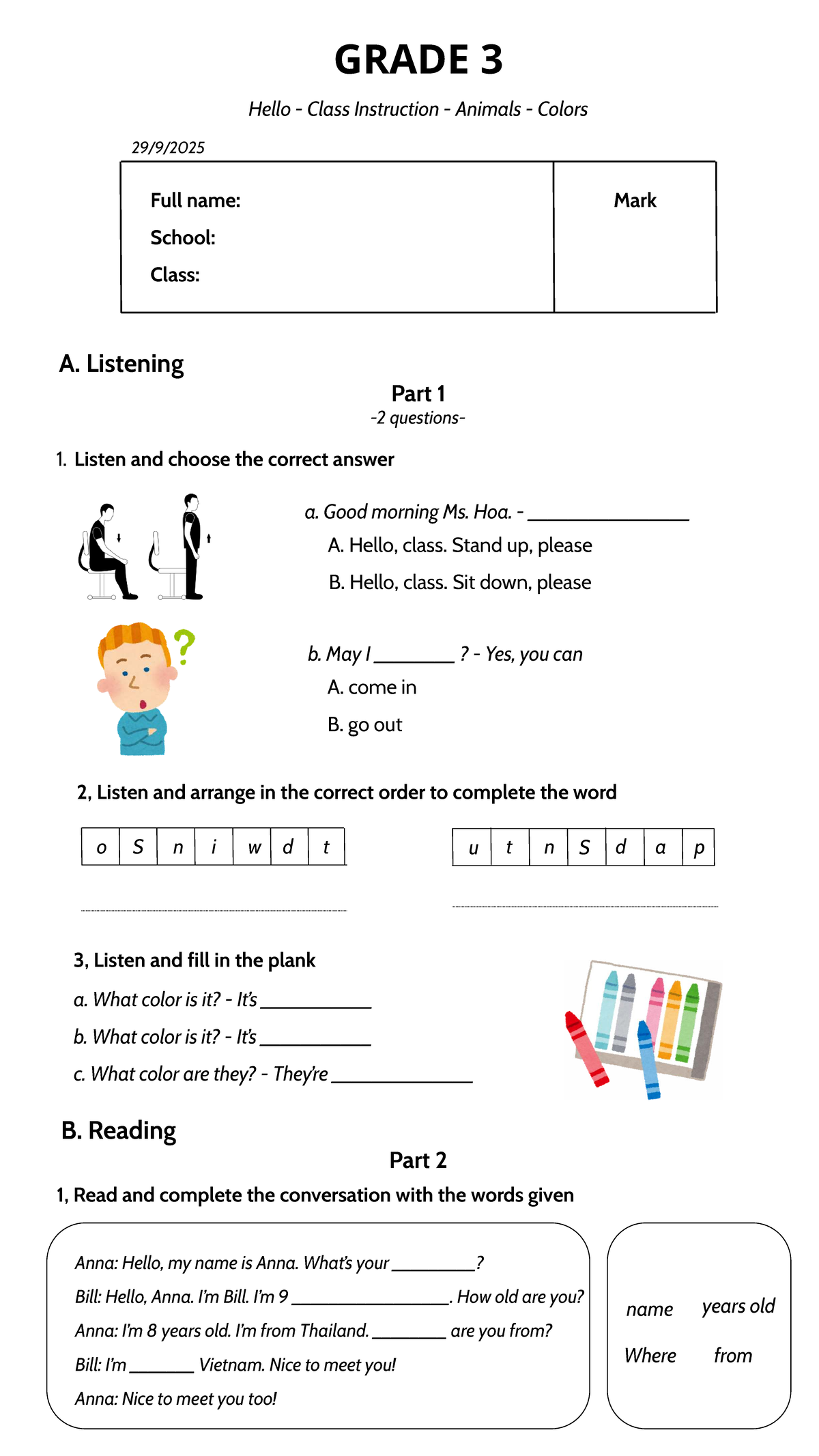 Grade 3 - Listening & Reading Test on Animals and Colors - Studocu
