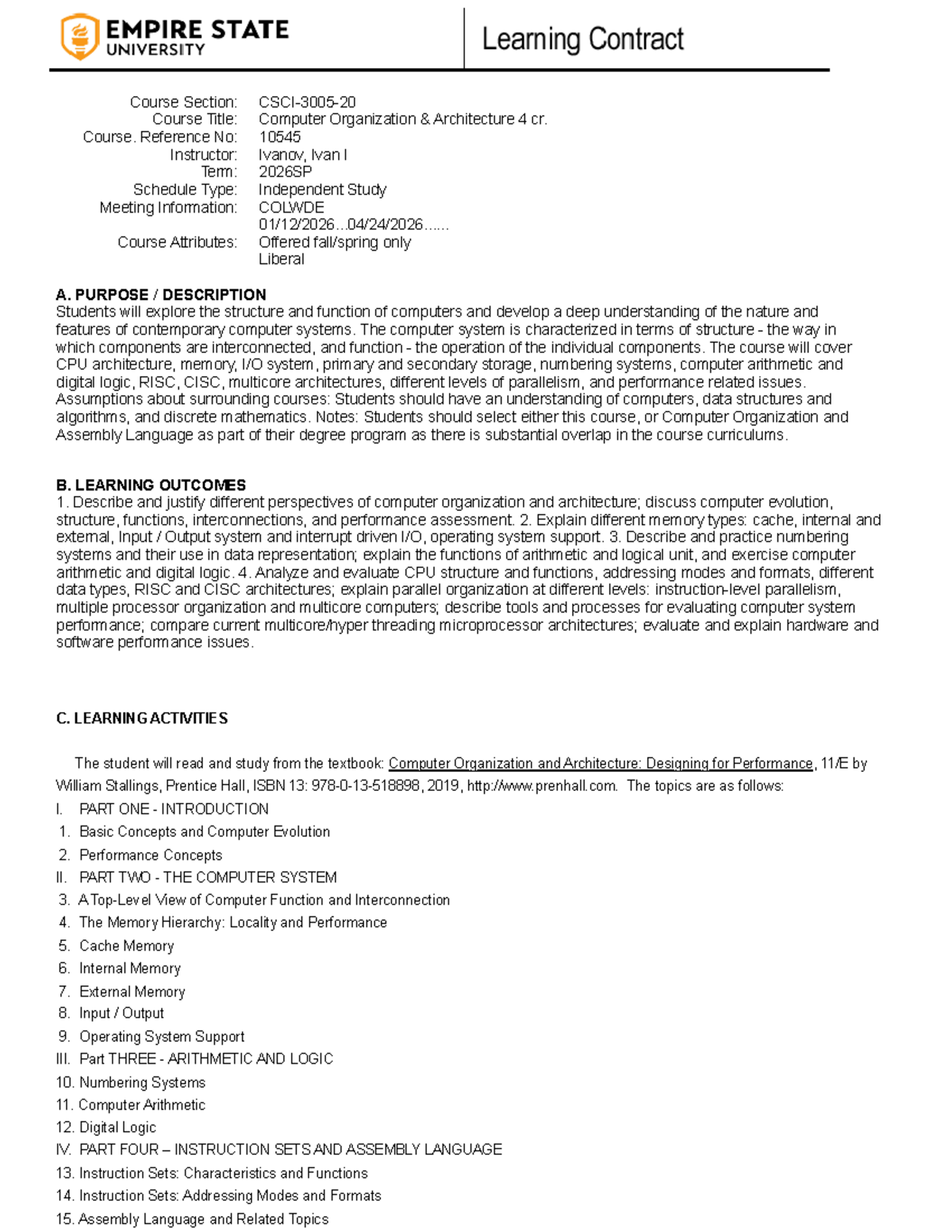 Computer Organization Architecture 2026SP - Independent Study Syllabus ...