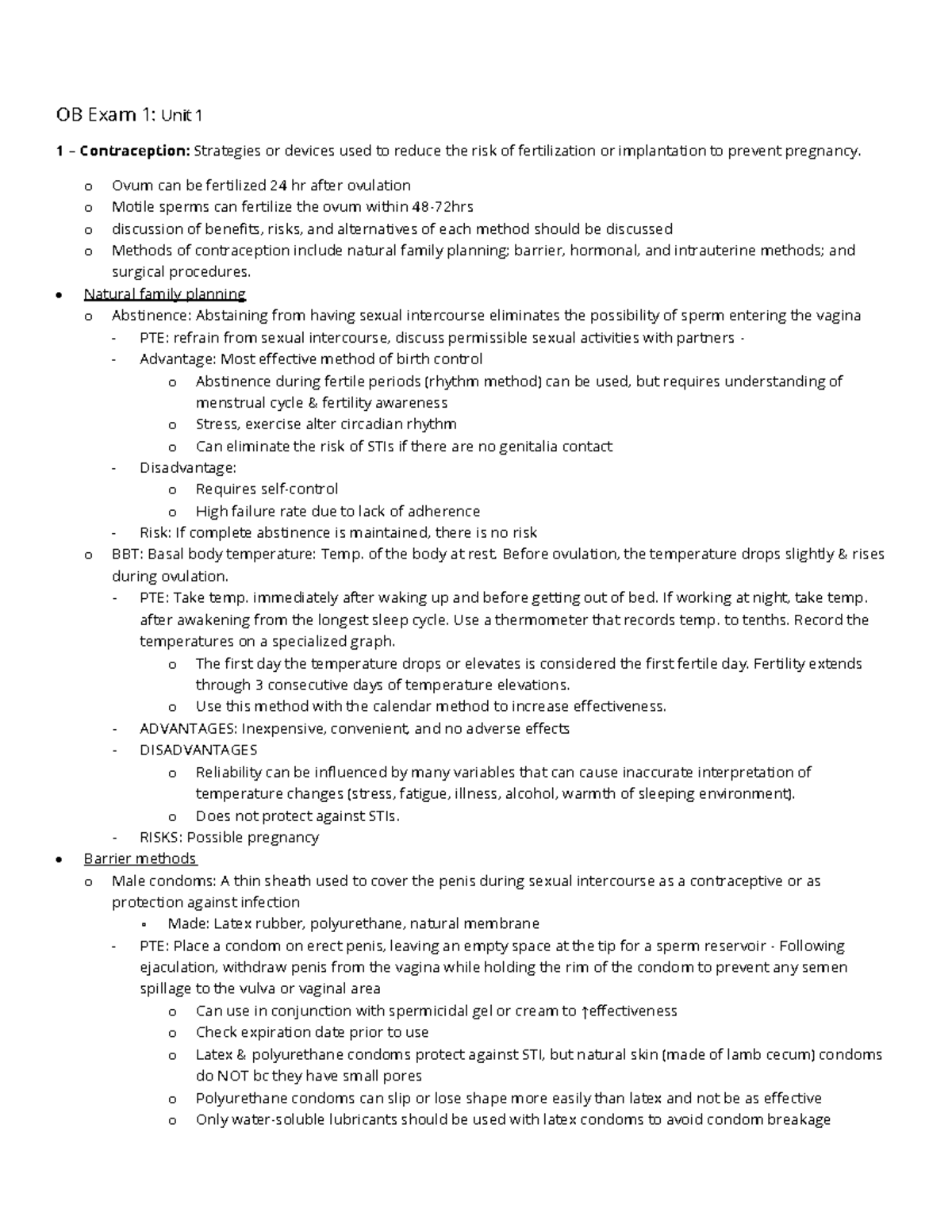 OB Exam 1: Comprehensive Notes on Contraception and Pregnancy - Studocu
