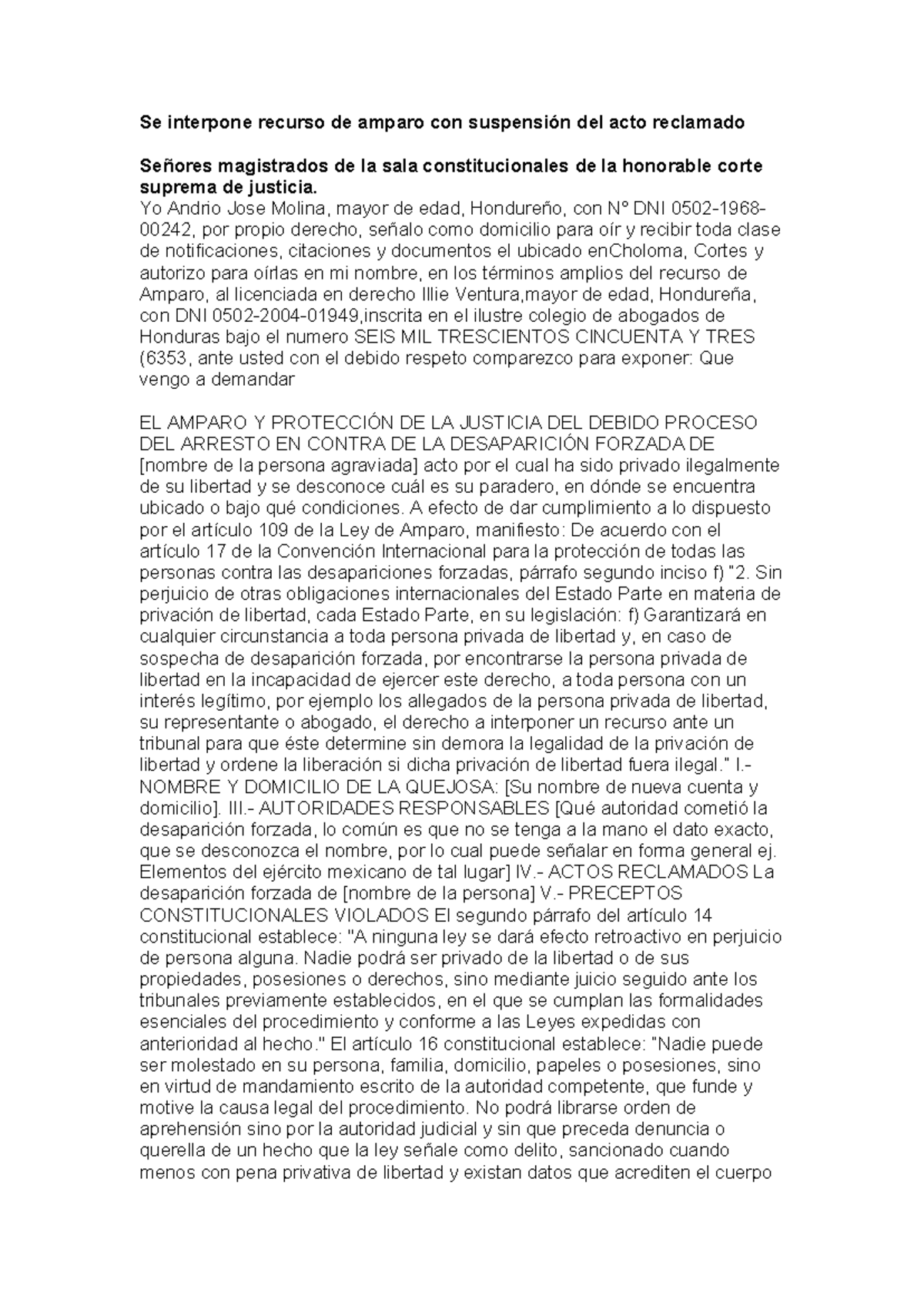 Amparo - Se interpone recurso de amparo con suspensión del acto ...