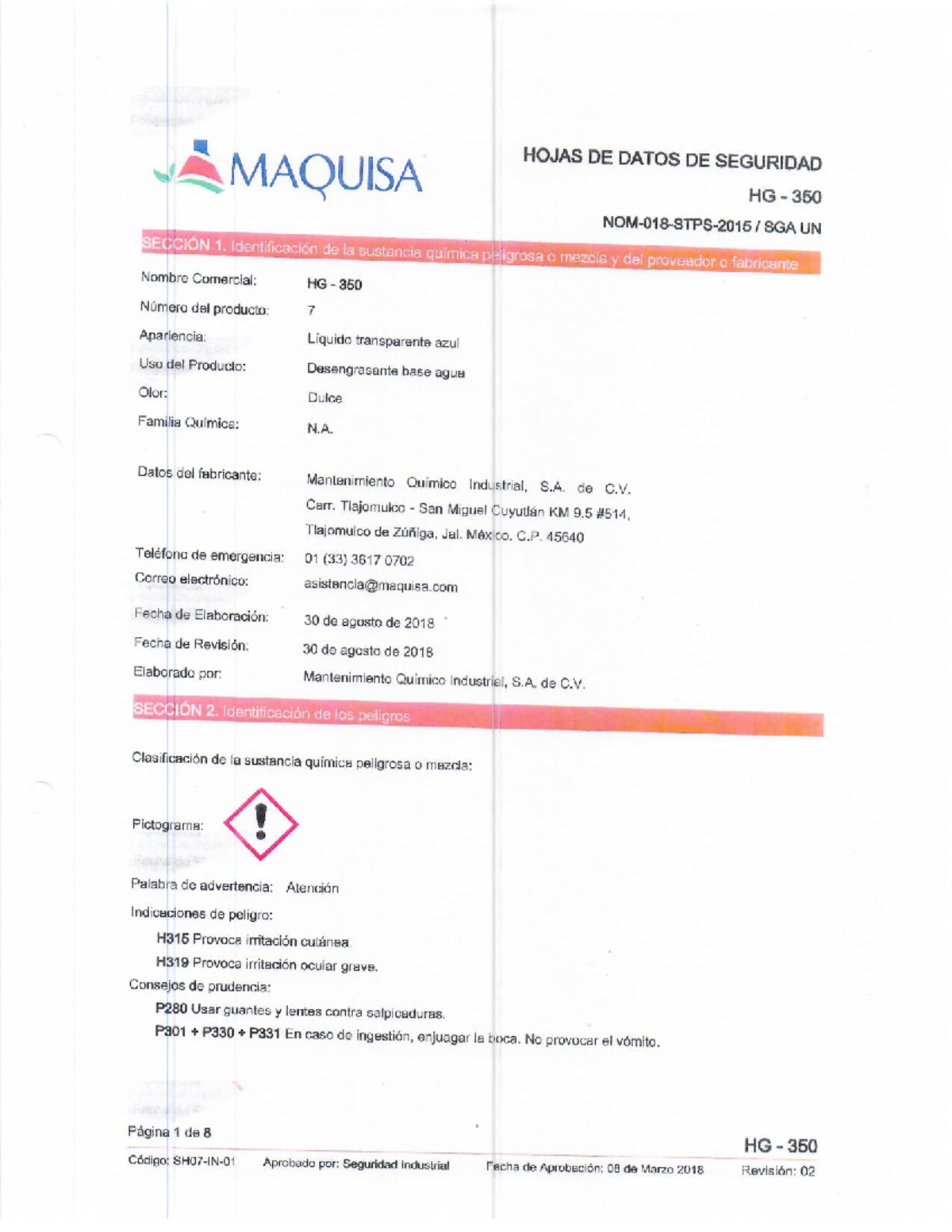 Hoja de Datos de Seguridad HG 350 - Desengrasante Maquisa - Studocu