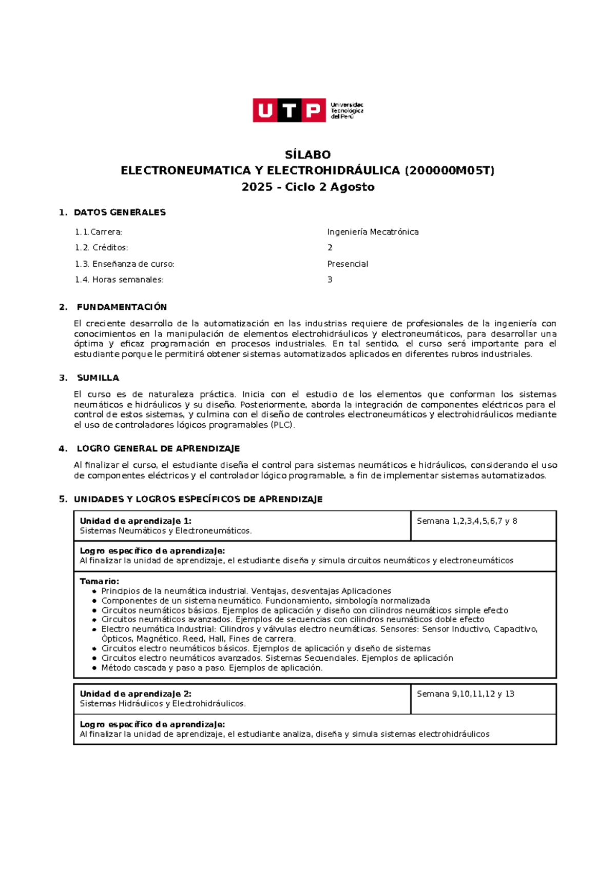 Sílabo de Electroneumática y Electrohidráulica 2025 - M05T - Document Preview