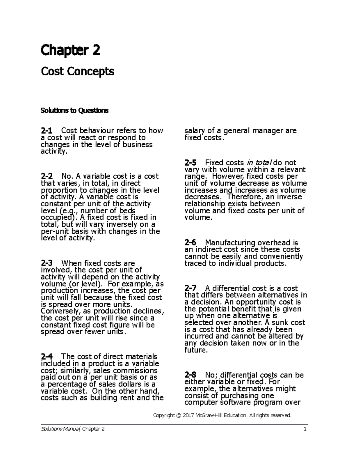 Chapter 2 - Solutions - Chapter 2 Cost Concepts Solutions to Questions ...