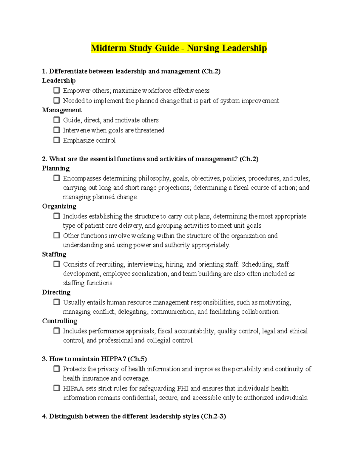 Midterm Study Guide: Nursing Leadership Concepts (NURS 101) - Studocu