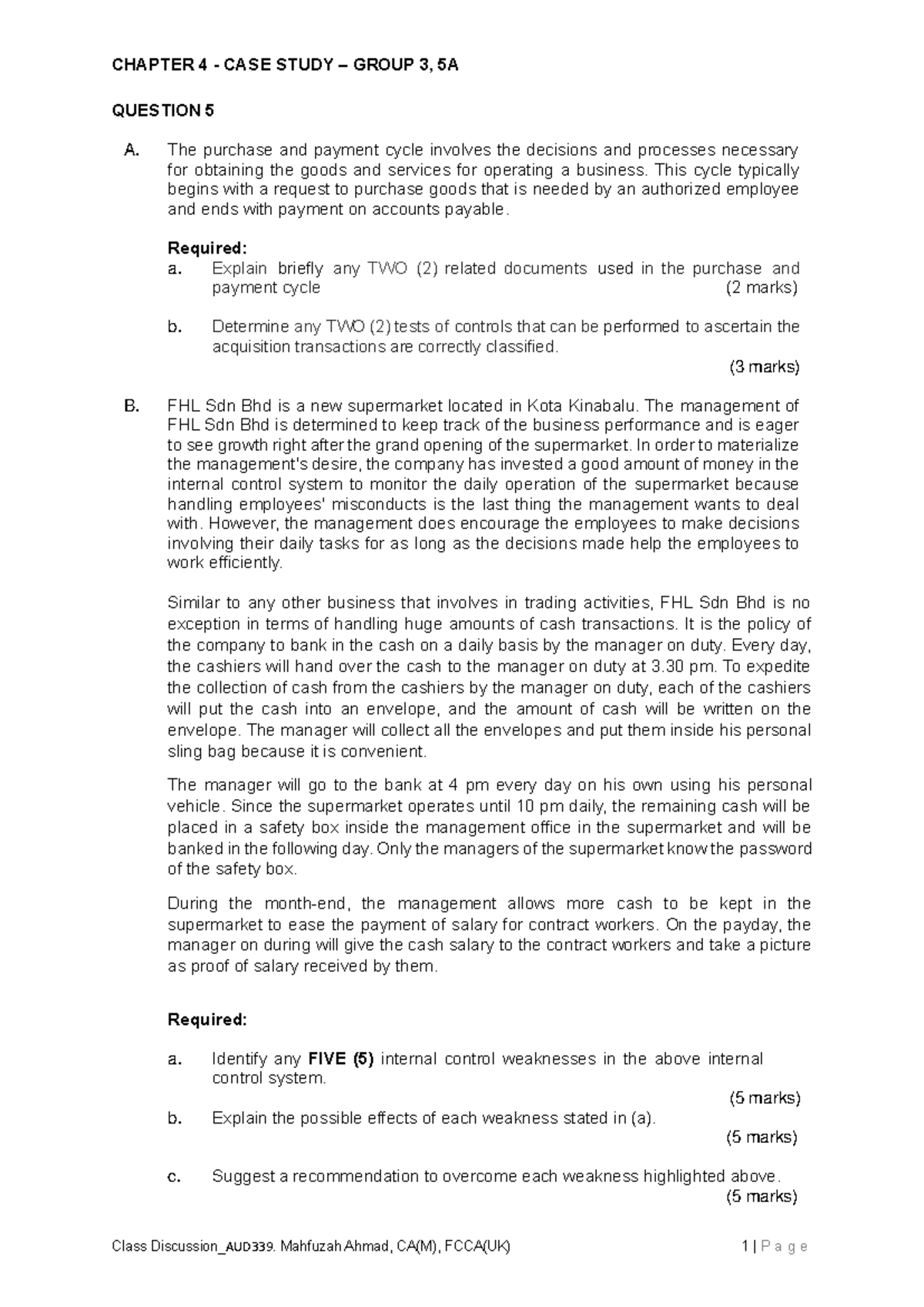 AUD339 Case Study: Internal Control Weaknesses in FHL Sdn Bhd - Studocu