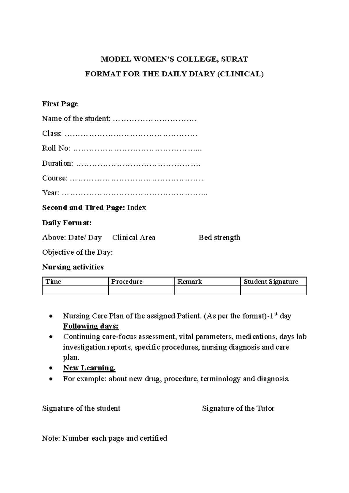 Daily Diary Format & Evaluation Criteria (Clinical) - Model College ...