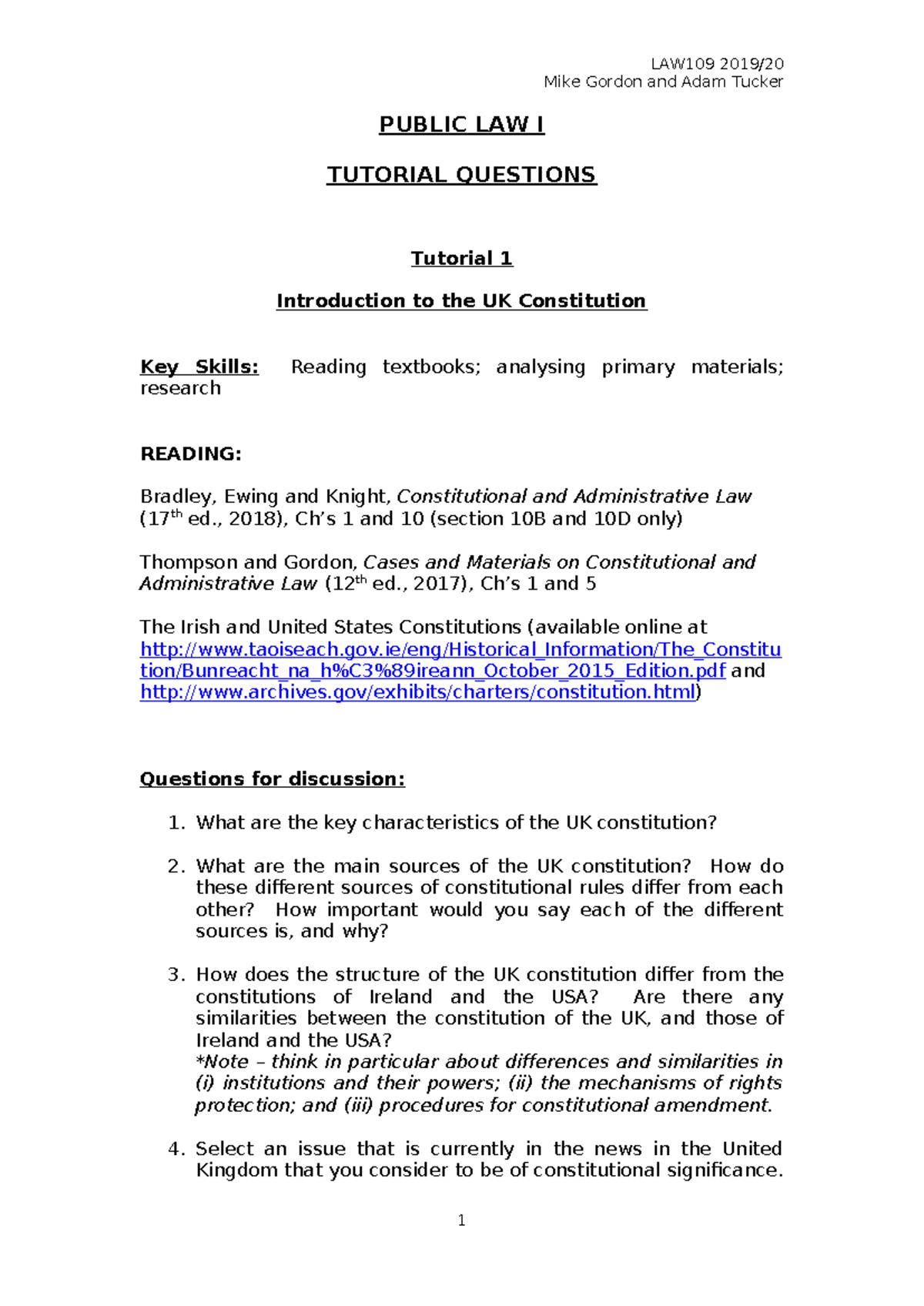 LAW109 Public Law I Tutorial 1: UK Constitution Key Questions - Studocu