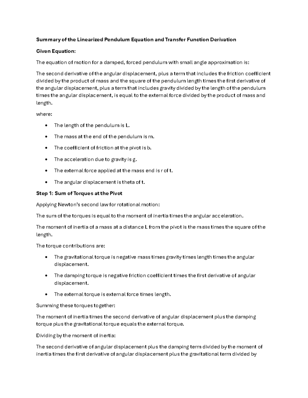 Ocntrol system - Summary of the Linearized Pendulum Equation and ...