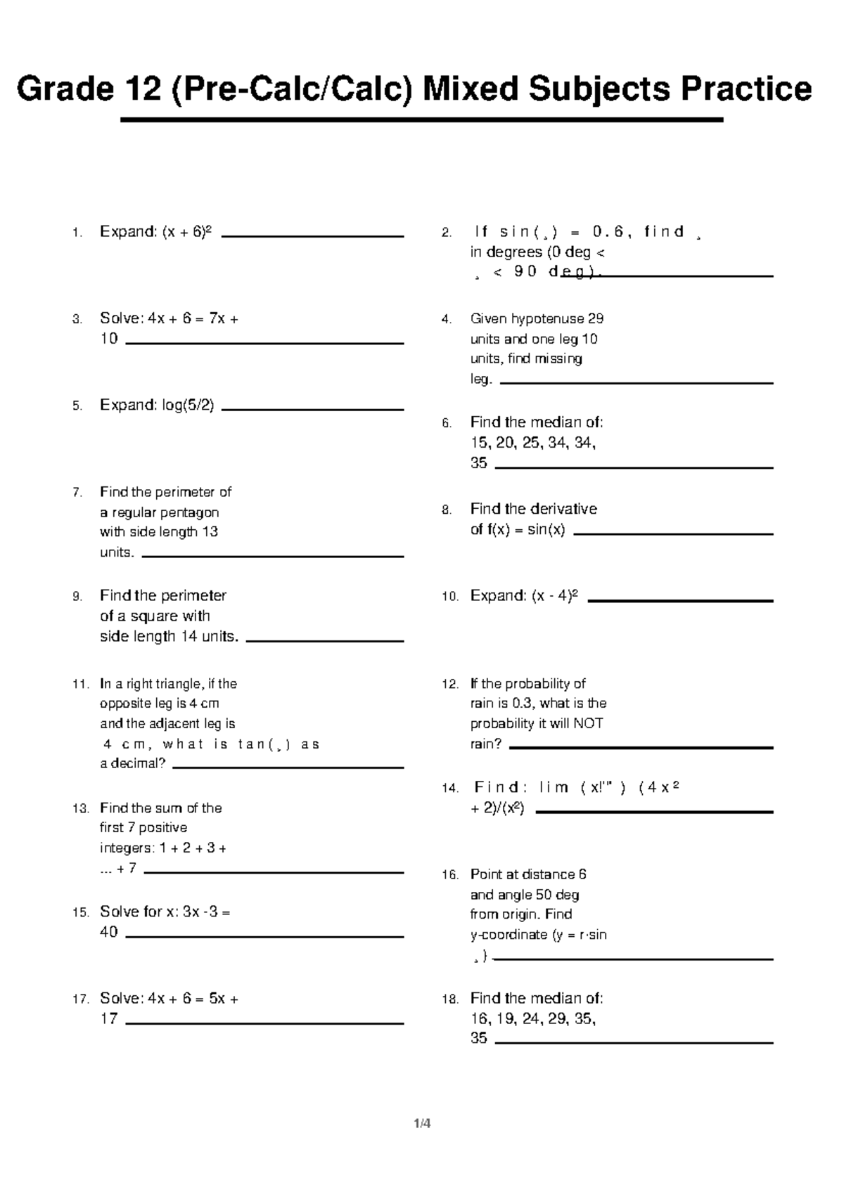 Grade 12 Math Mixed Subjects Practice 4 - Studocu