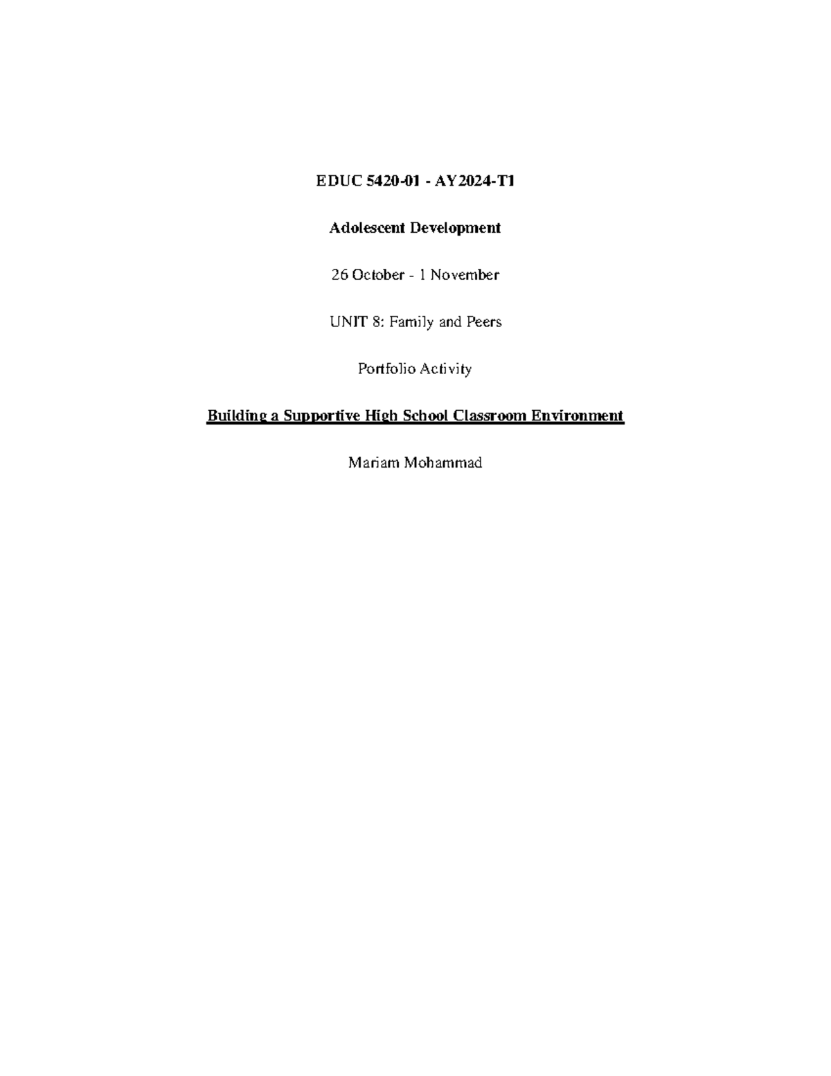 EDUC 5420 Unit 8 Portfolio: Enhancing Family & Peer Interactions - Studocu