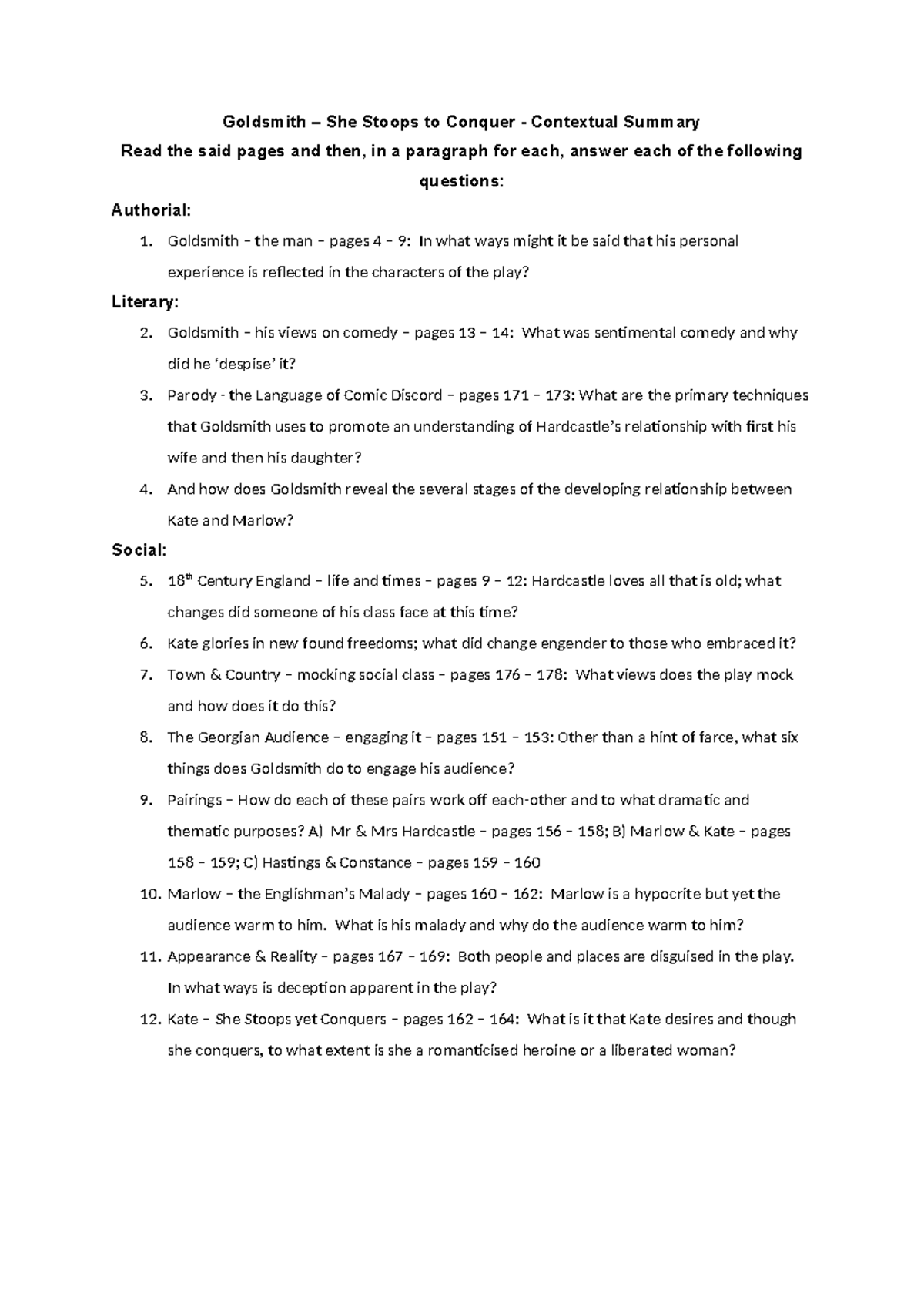 Goldsmith's She Stoops to Conquer: Contextual Summary Analysis - Studocu