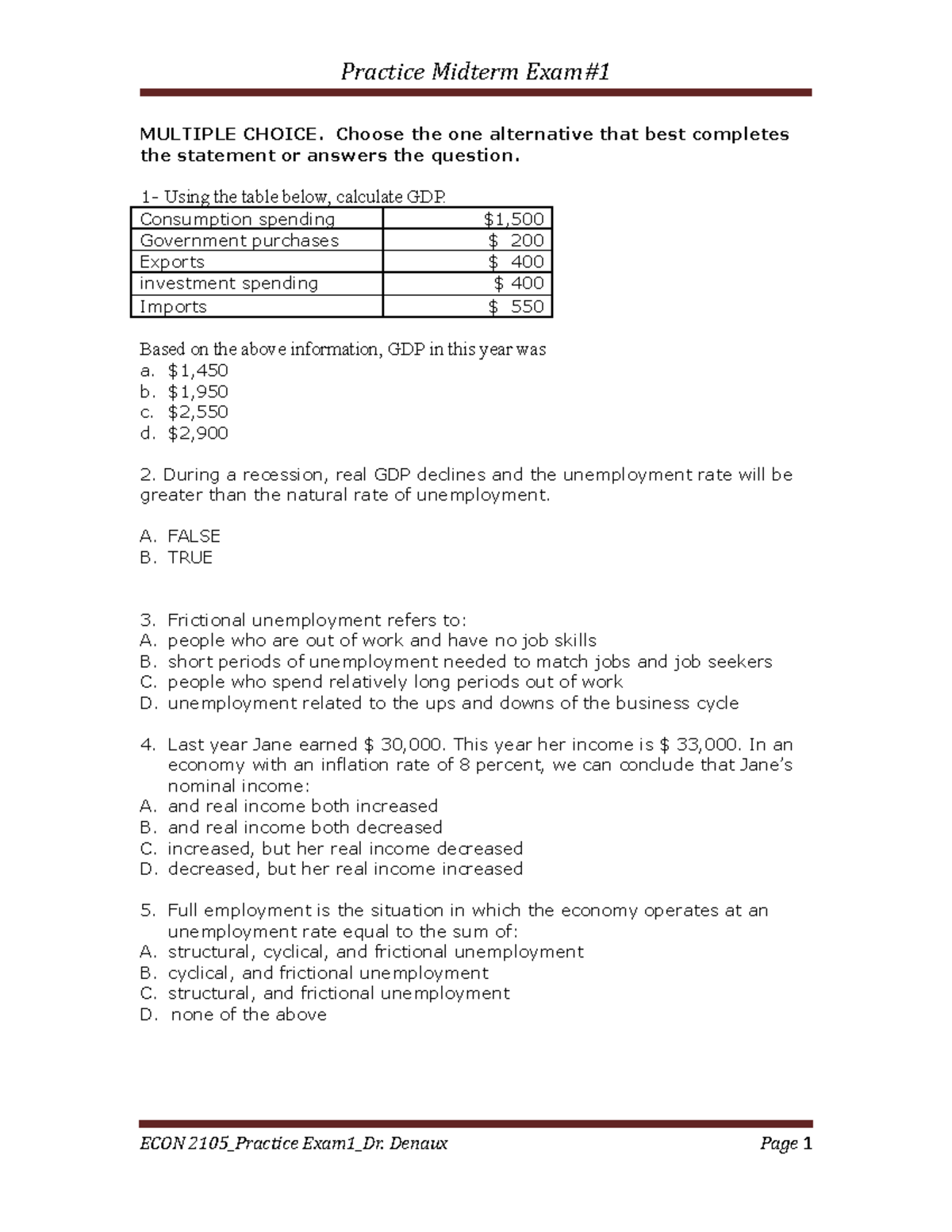 Practice Midterm Exam #1 - GDP and Economic Concepts Review - Studocu