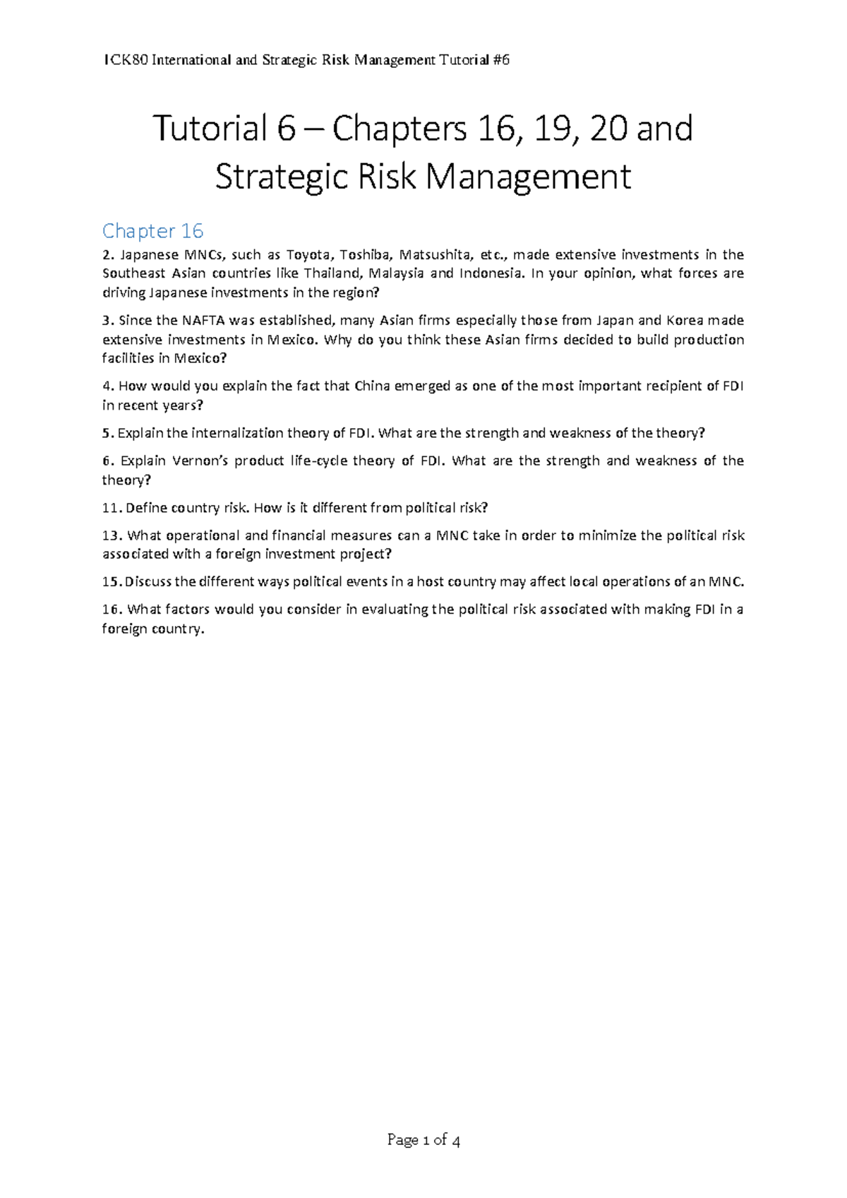 Tutorial 6 Questions - Strategic Risk Management (Chapters 16-20 ...